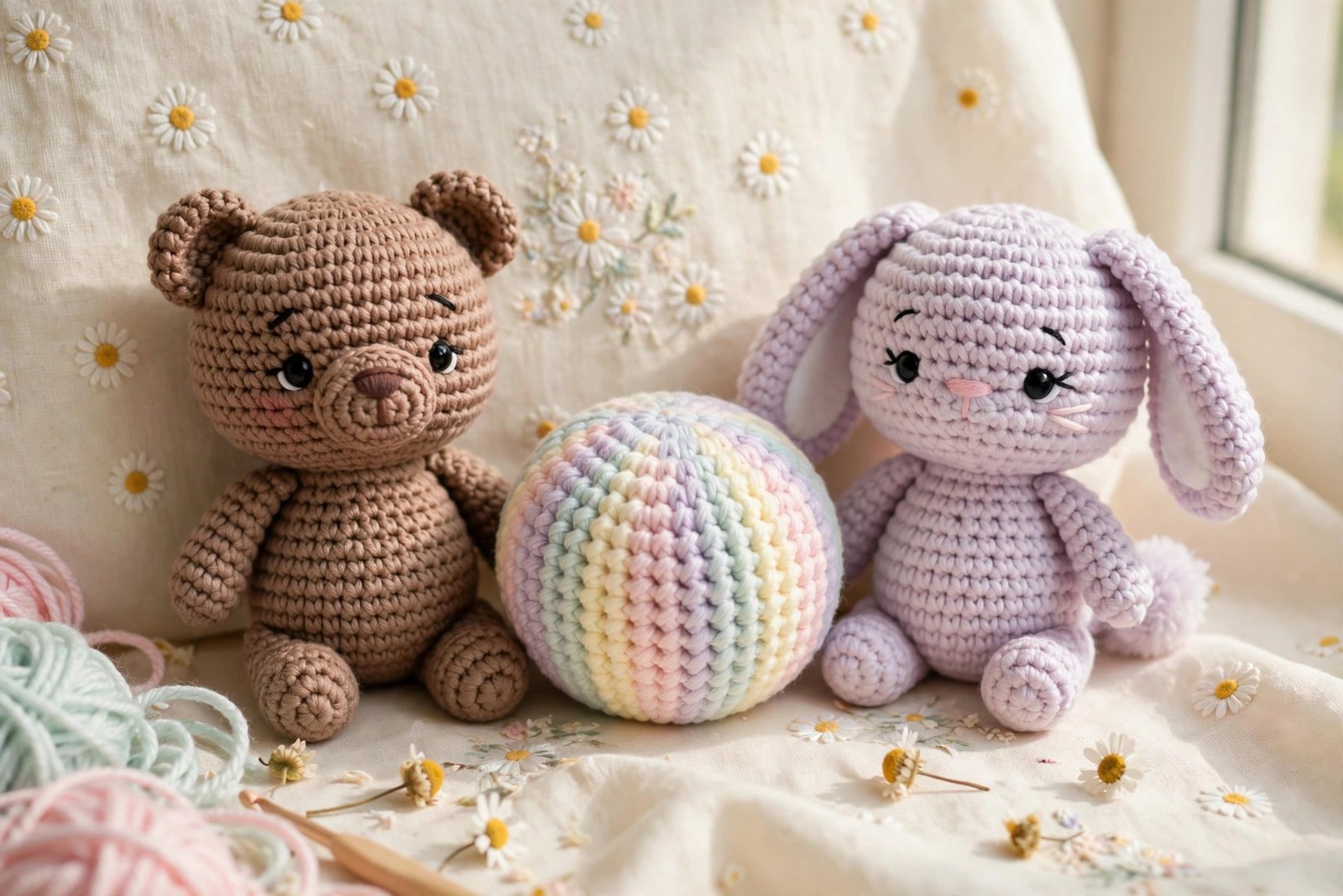 Three cute finished amigurumi plushies, a bear, a bunny and a ball, on a cream background