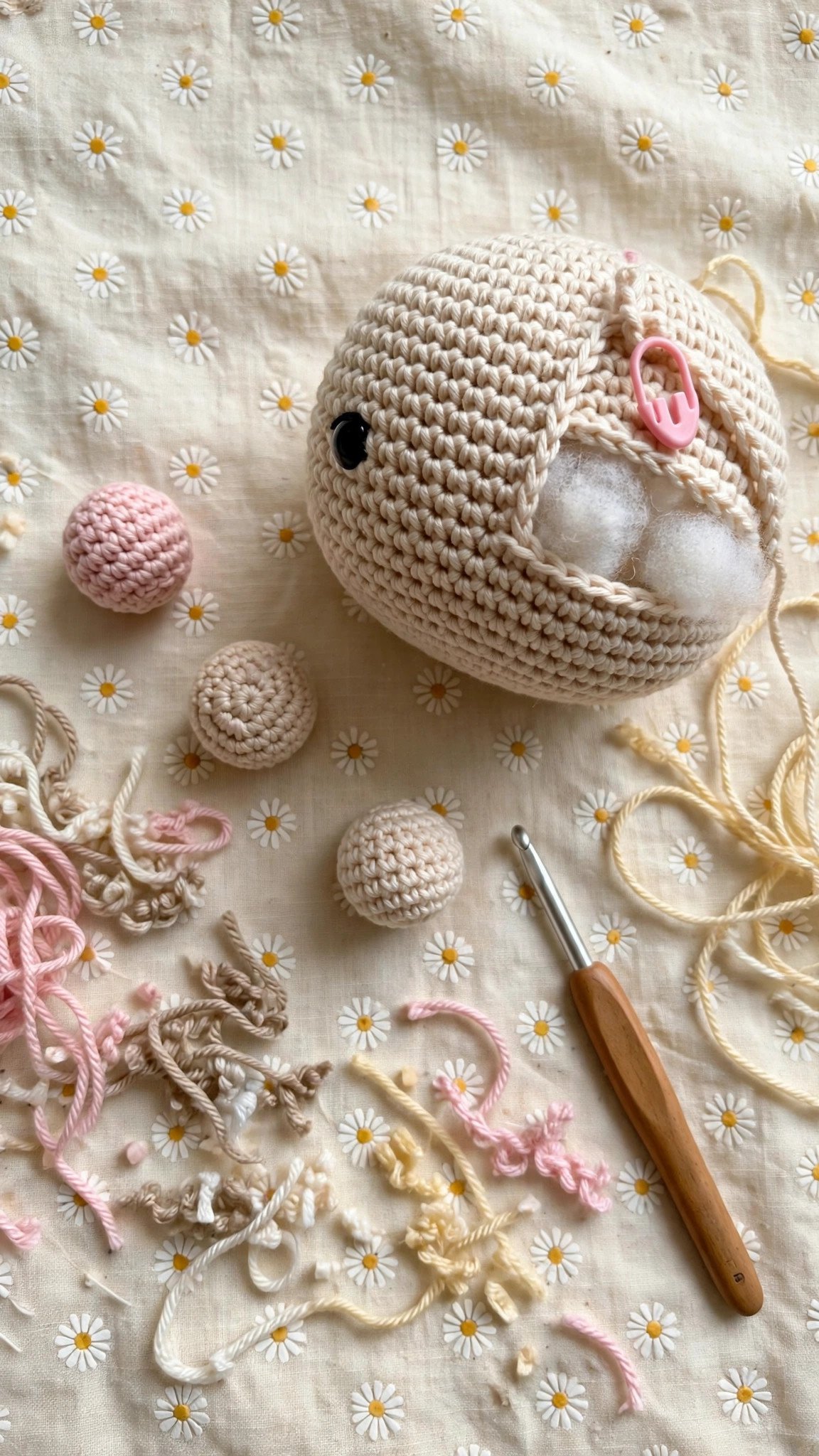 Overhead view of amigurumi practice pieces: small balls, a half-finished head and yarn scraps