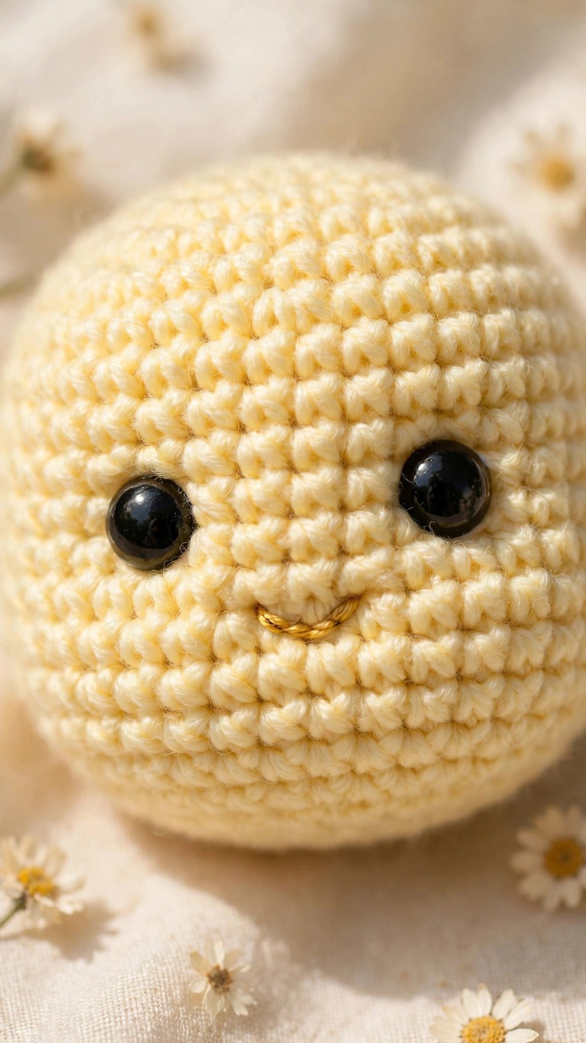 Close-up of a finished amigurumi plush face with black safety eyes