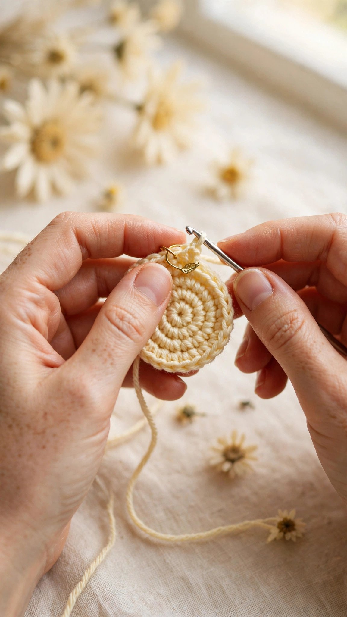 Hands single crocheting a small amigurumi piece in a continuous spiral round