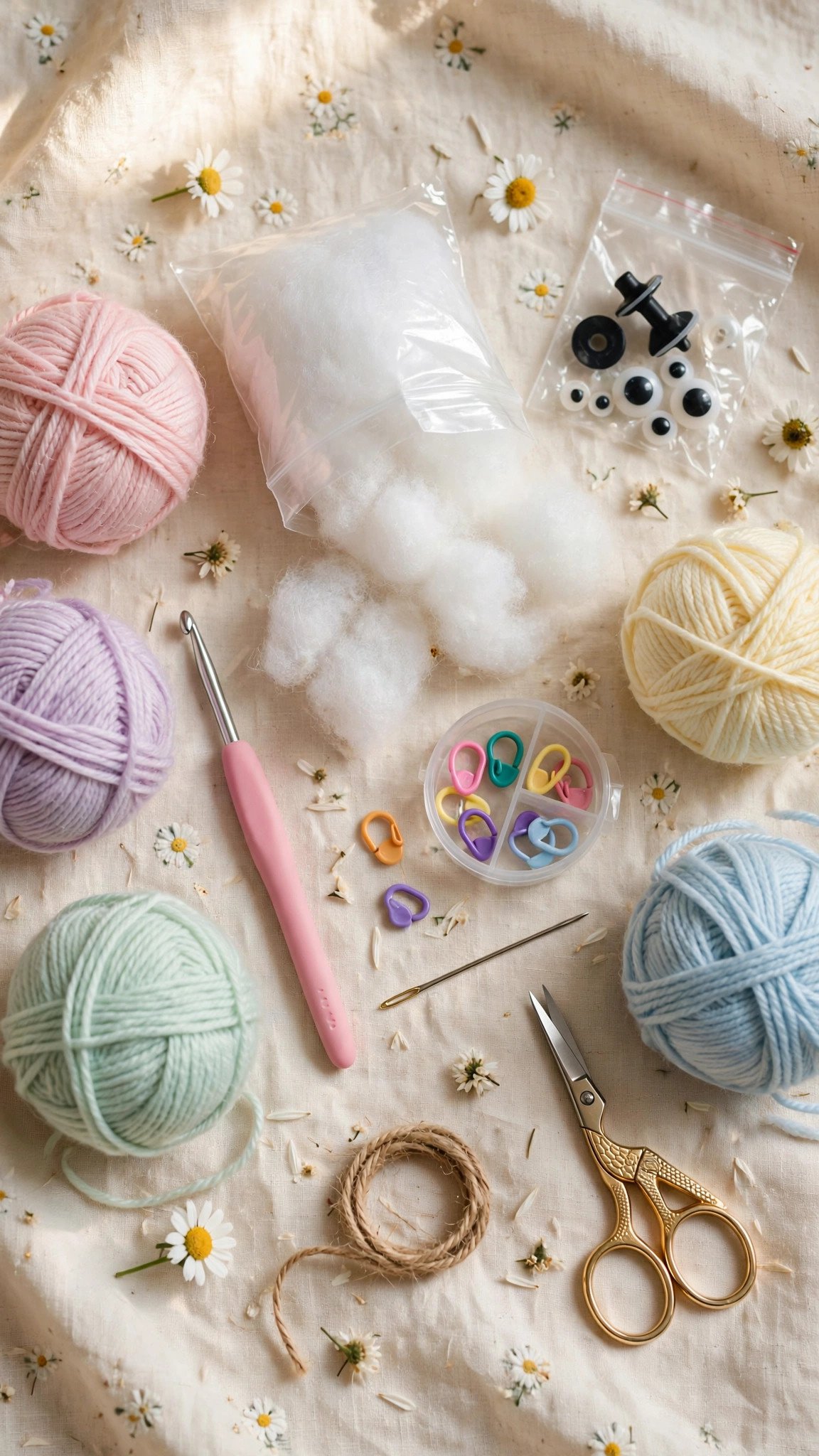 Flat lay of amigurumi supplies: yarn, small crochet hook, safety eyes, fiberfill, stitch markers and tapestry needle