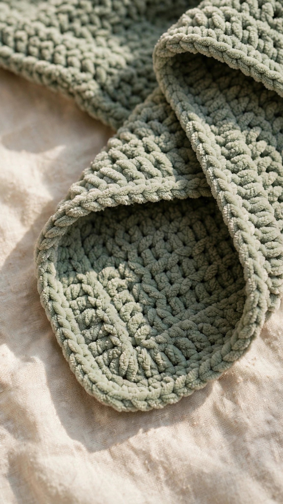 Corner of a soft sage green chenille baby blanket showing a neat rounded single crochet border
