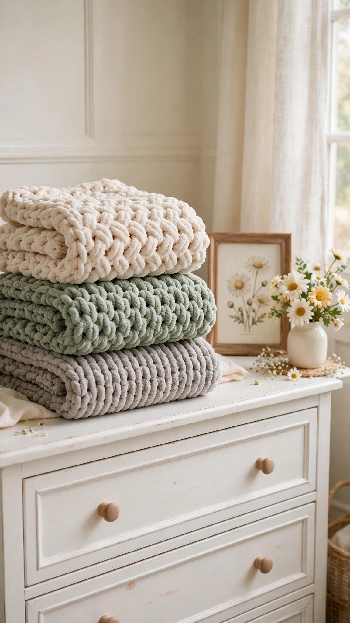 Folded chenille baby blankets in ecru, sage and warm gray stacked on a white nursery dresser
