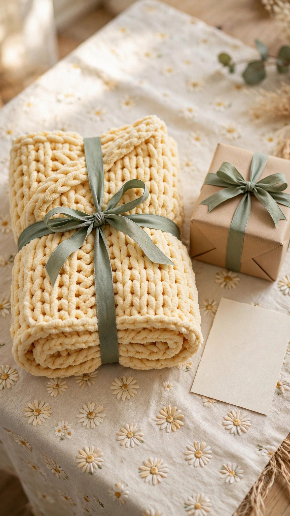 Butter yellow crochet baby blanket folded and tied with a sage ribbon beside a baby shower gift box