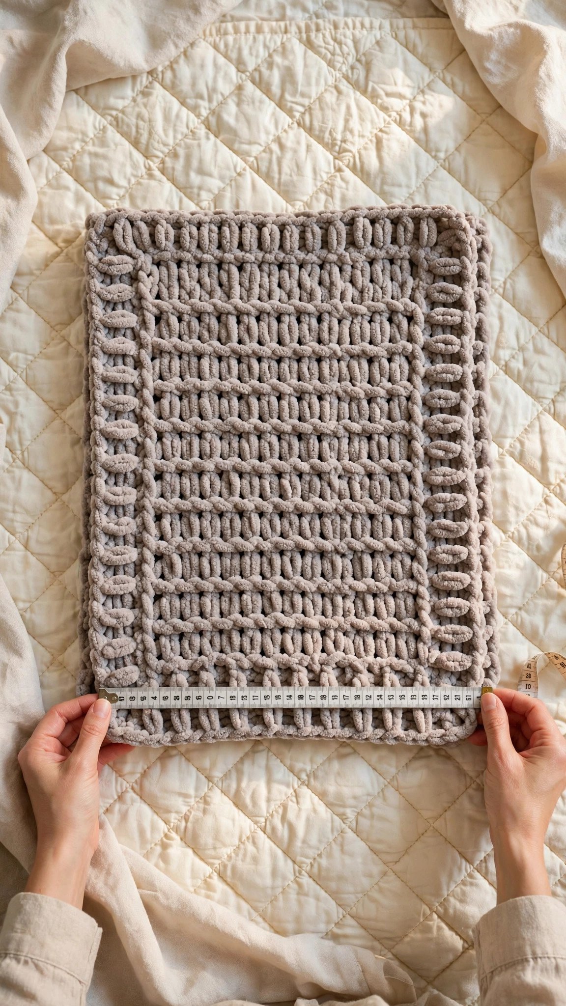 Soft warm gray chenille baby blanket laid flat with a measuring tape along the edge and hands holding it