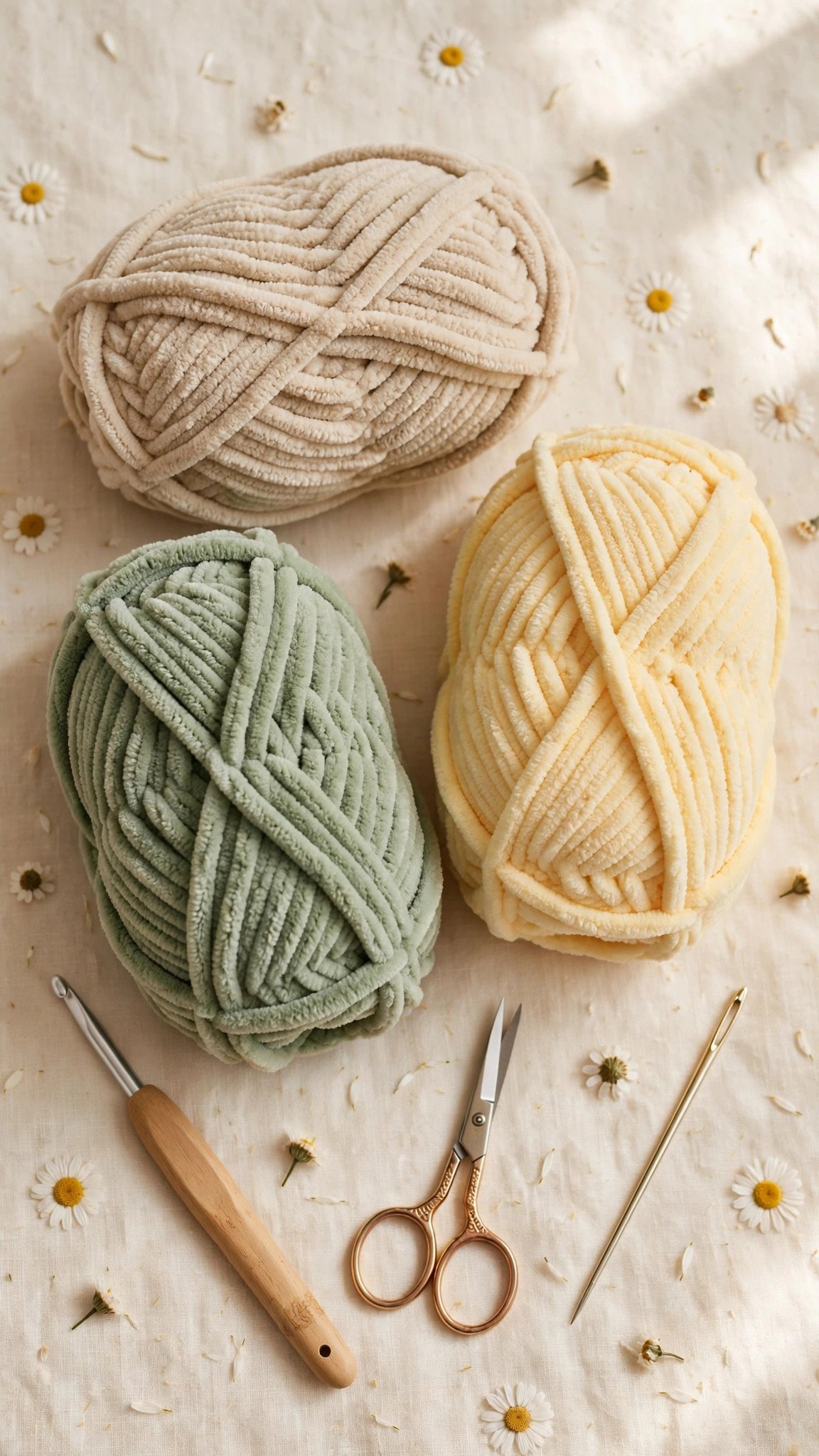 Three skeins of soft chenille baby yarn in oatmeal, sage and butter yellow with an 8 mm crochet hook on cream