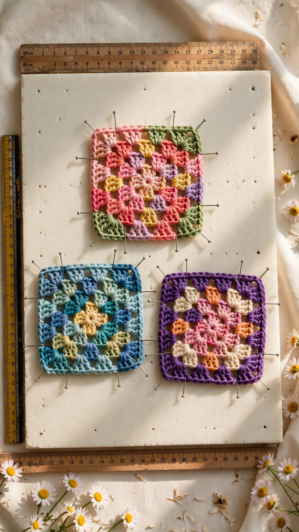 Granny squares pinned flat to a blocking board to even out their shape