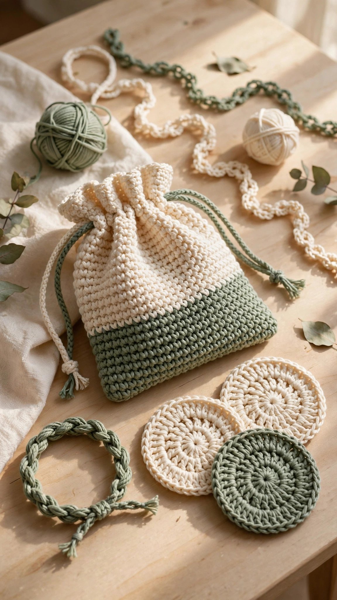 Simple finished projects made from crochet chains including a bracelet and coasters