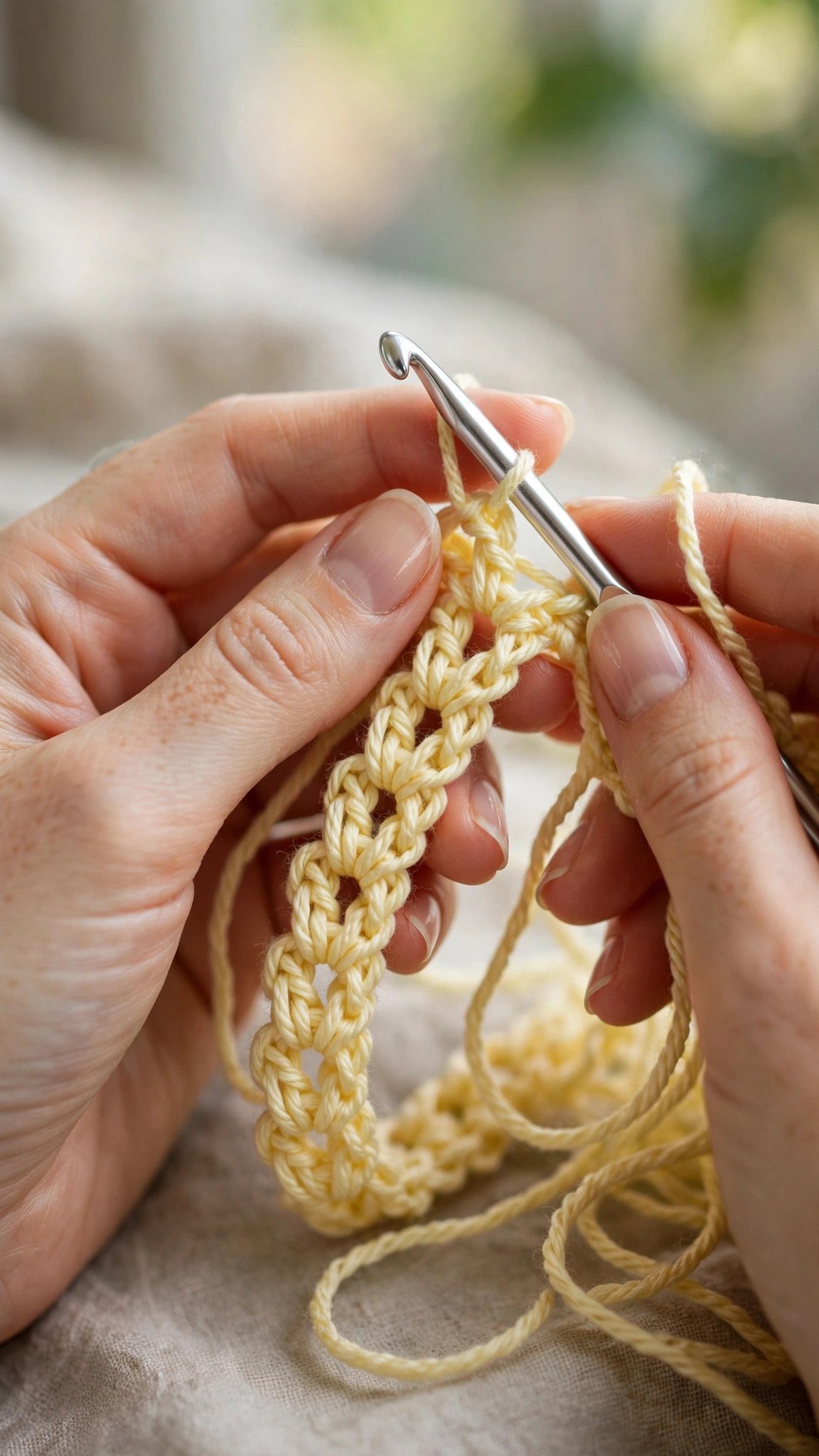 Close-up of fingers guiding yarn while forming chain stitches with a crochet hook