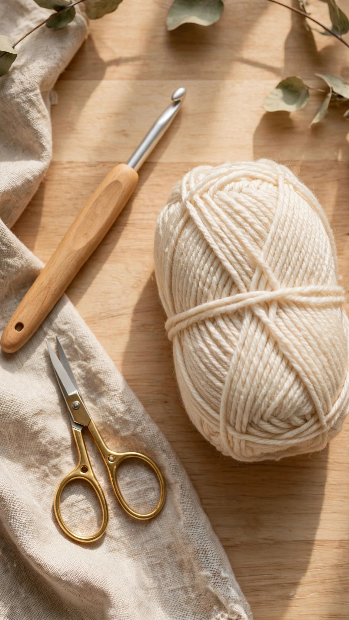 Crochet hook, ball of cream yarn, and small scissors arranged on a wooden table