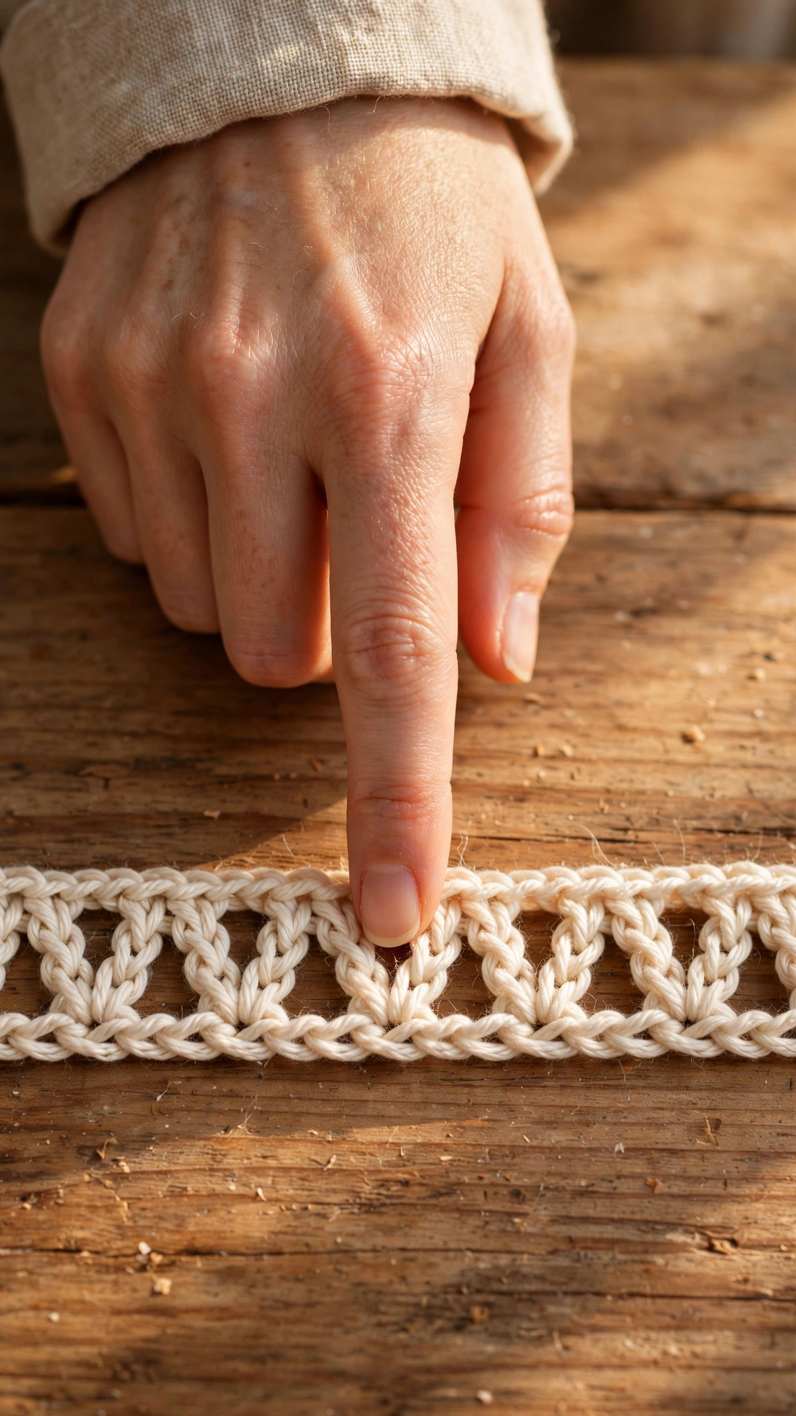 Fingers counting V-shaped chain stitches along a finished crochet foundation chain