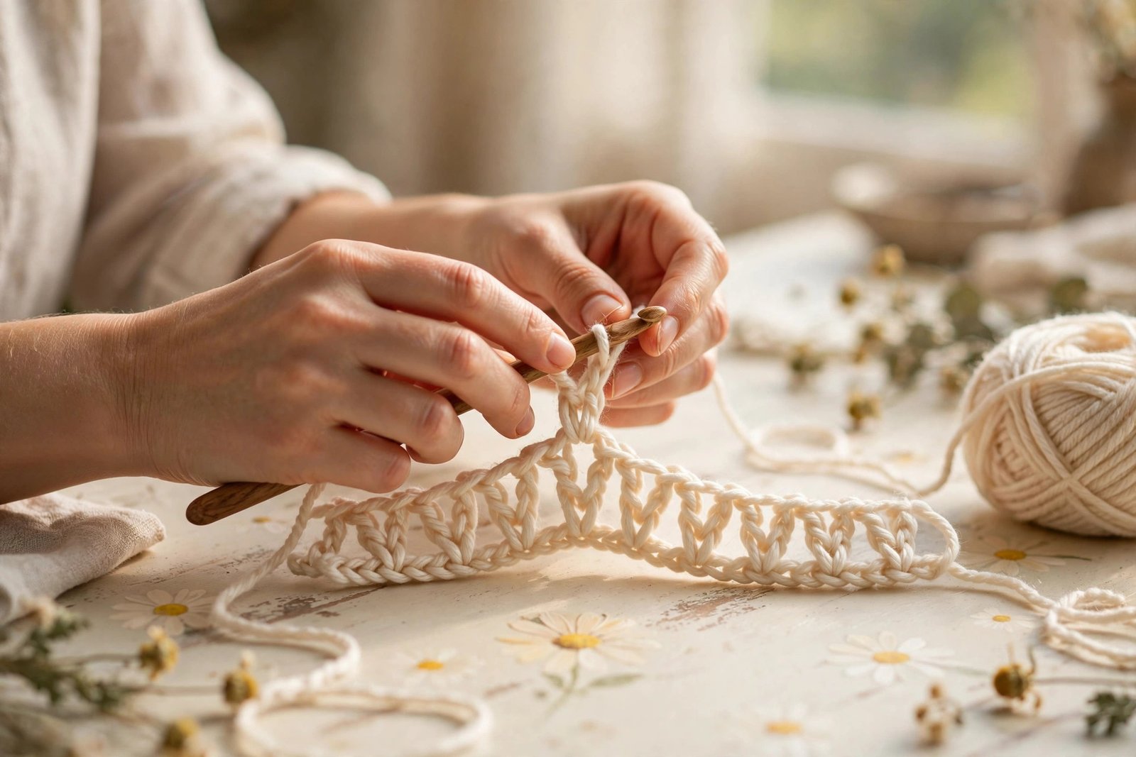 Hands crocheting a chain stitch with a wooden hook and cream yarn on a bright craft table