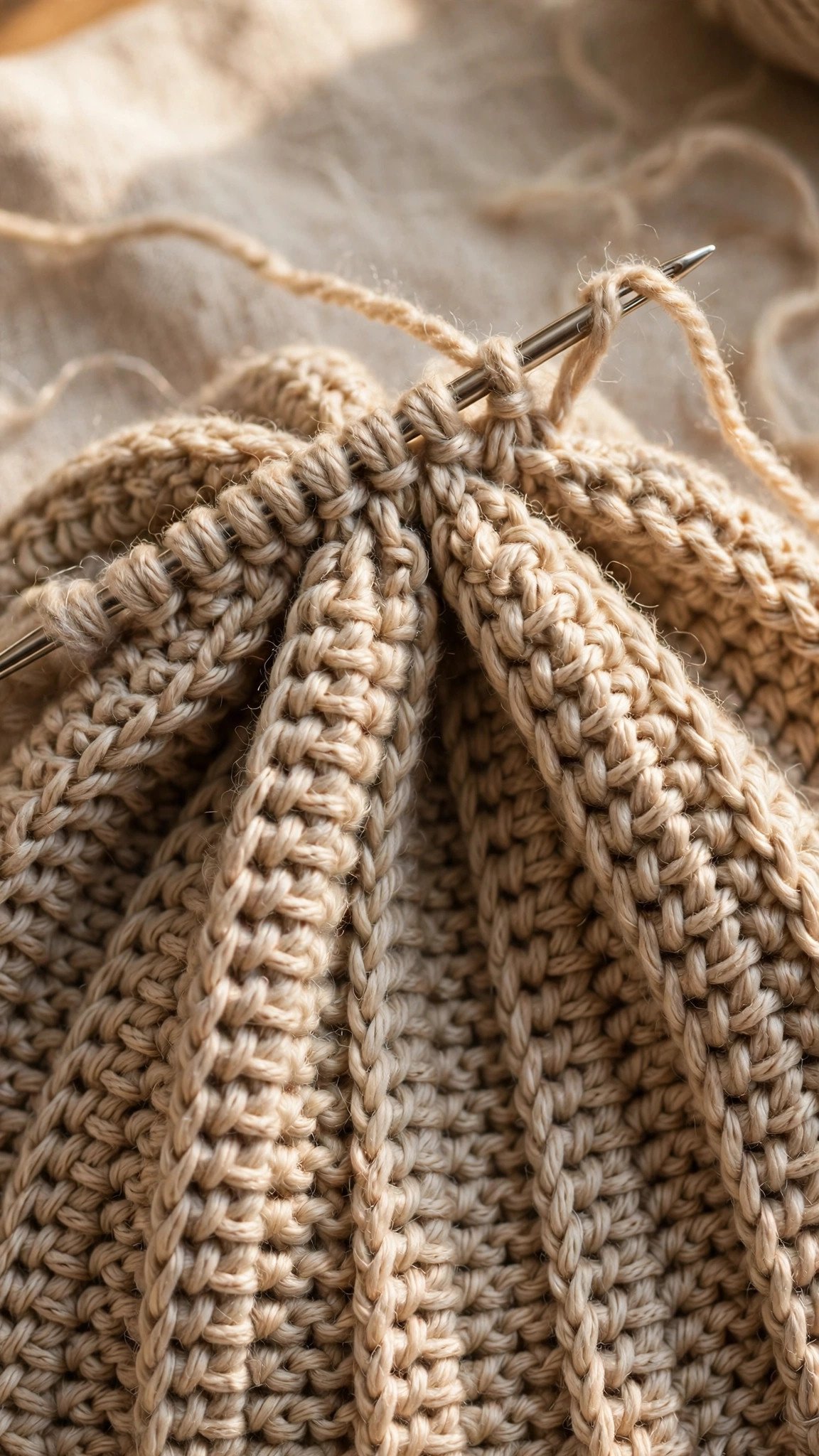 Yarn needle weaving yarn through row ends along the top edge of a ribbed beanie tube to cinch the crown