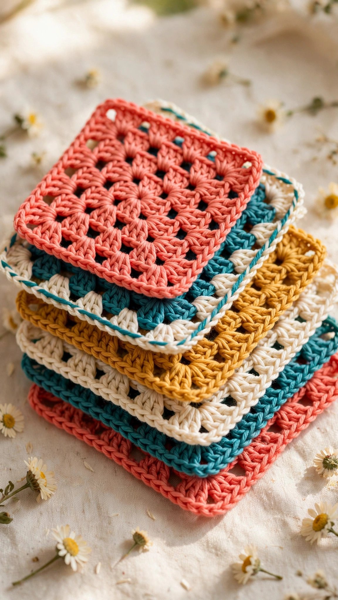 Stack of colorful finished granny squares in coral, teal, mustard and cream