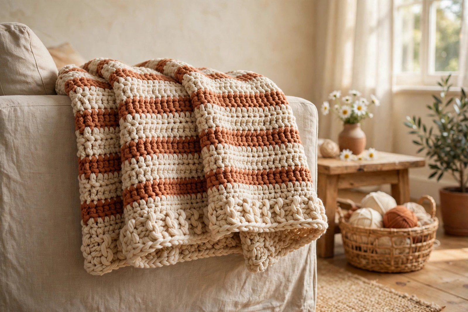 Chunky hand crocheted throw blanket in cream and terracotta draped over a linen sofa arm in a sunlit living room