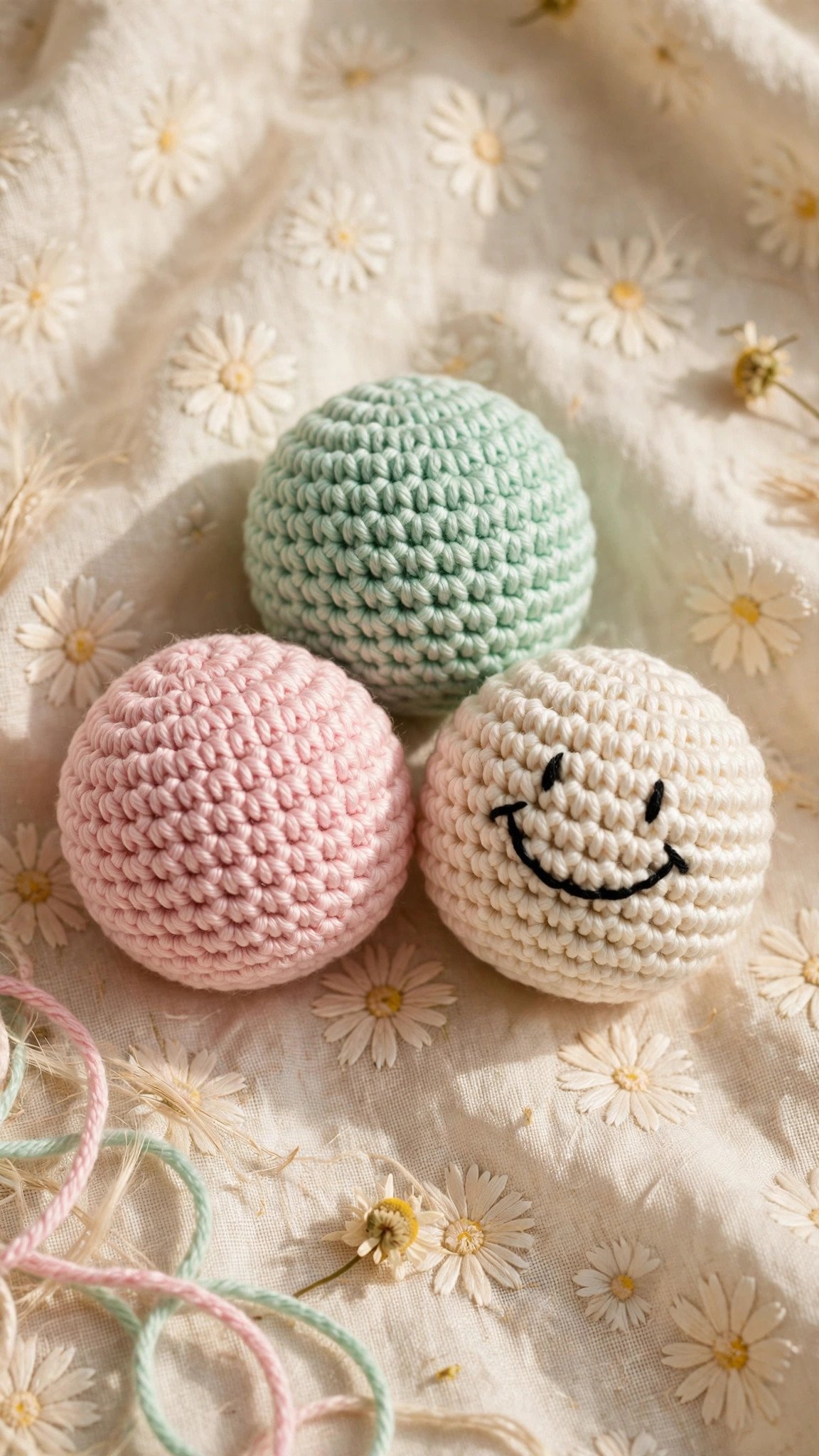 Three finished crochet amigurumi balls in pastel pink, mint and cream with embroidered faces