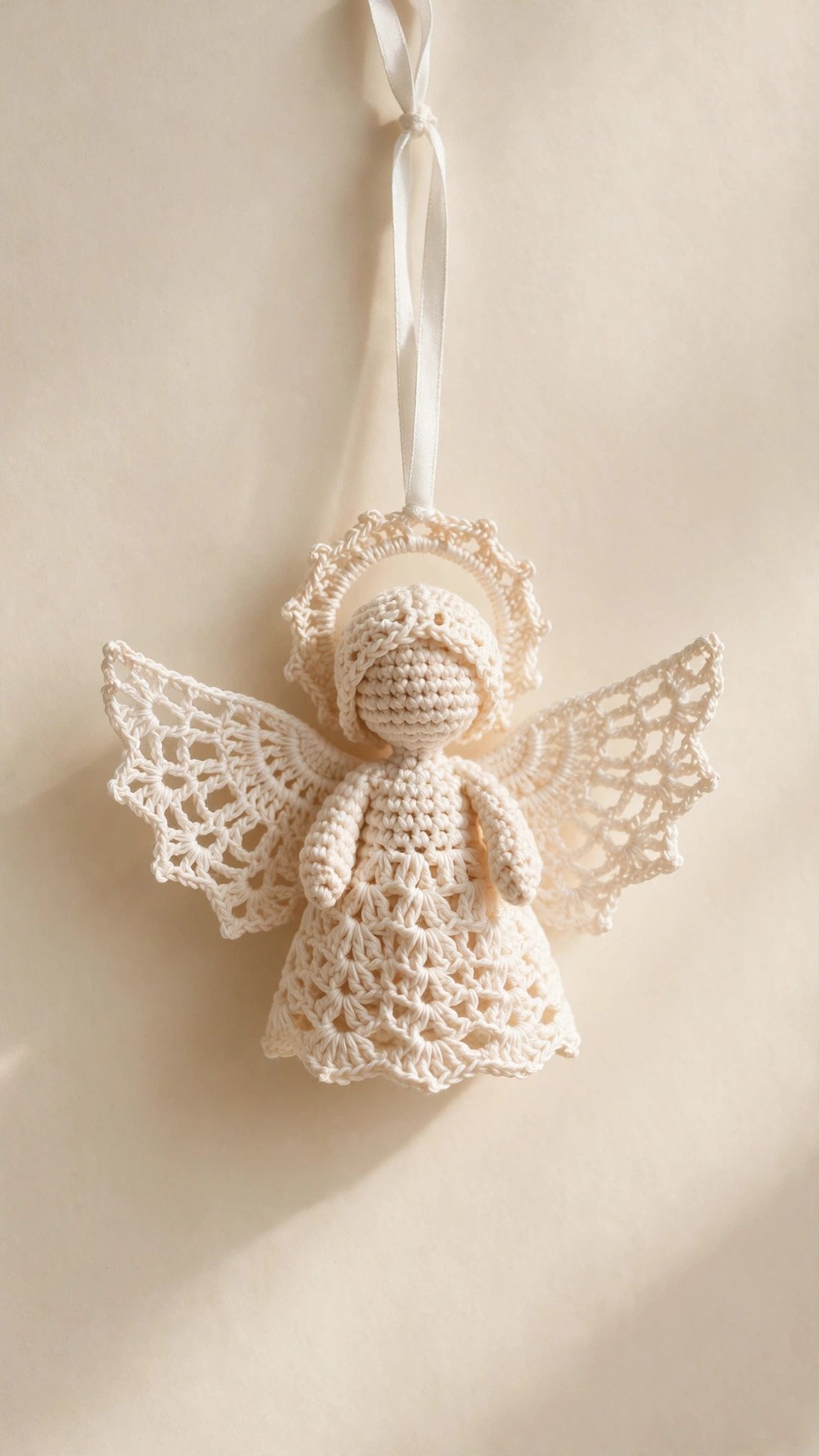 Delicate cream crochet angel ornament with lacy wings hanging by white ribbon