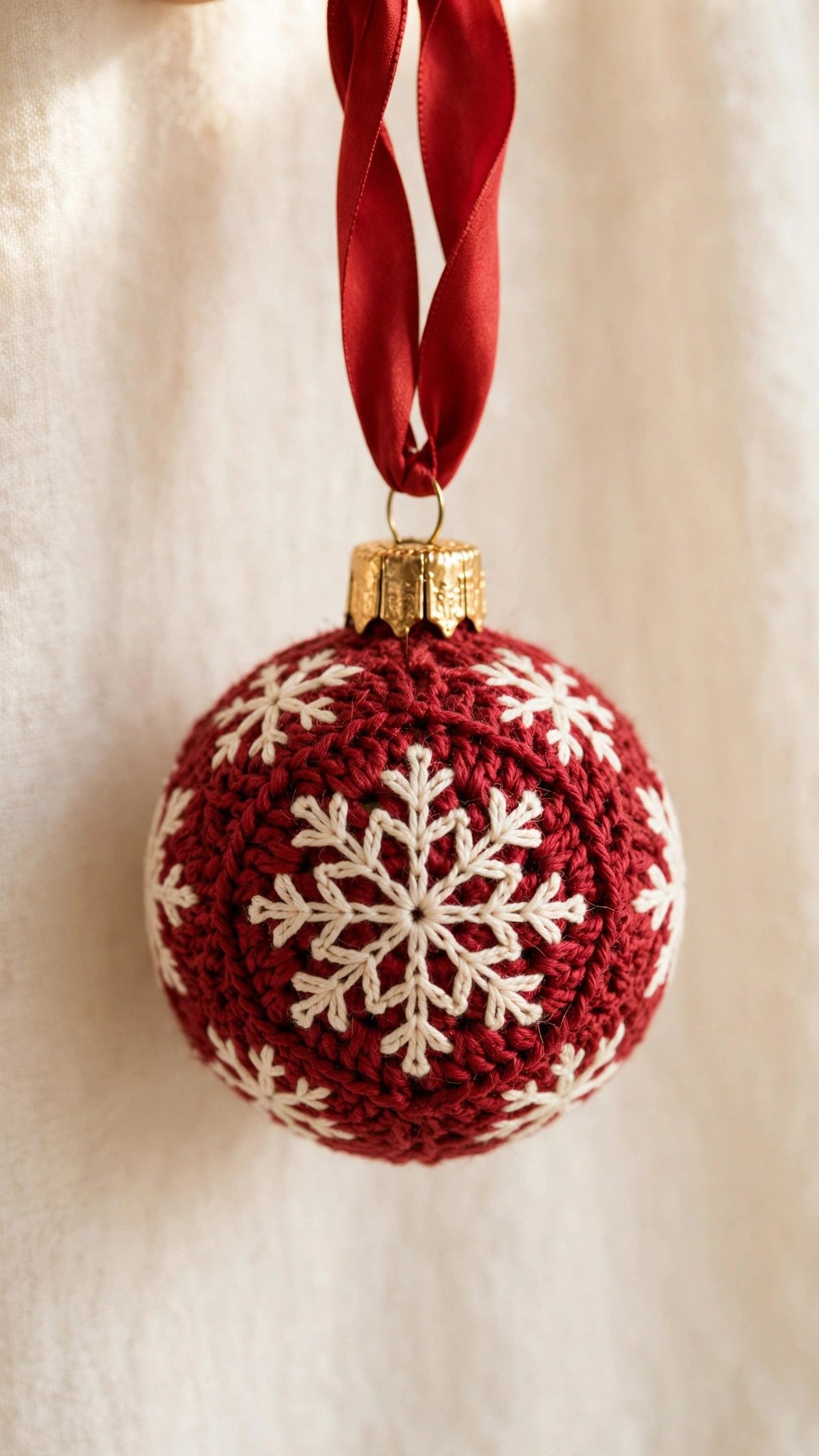 Round red crochet bauble ornament with cream snowflake stitch pattern and gold cap