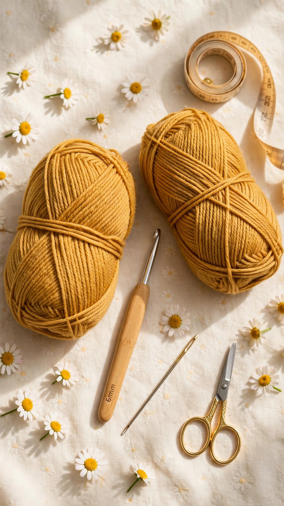 Flat lay of mustard worsted yarn skeins, a 6 mm crochet hook, yarn needle and tape measure on cream