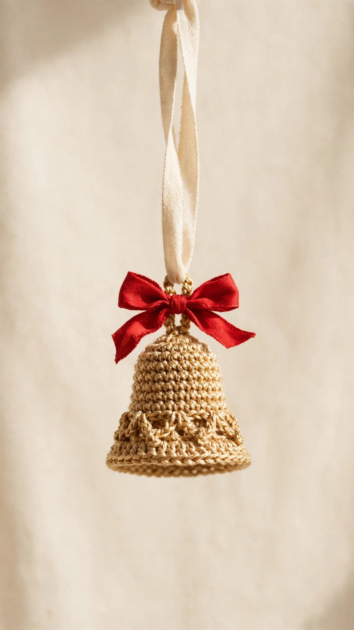 Small gold crochet bell ornament with a red bow on top hanging by cream ribbon