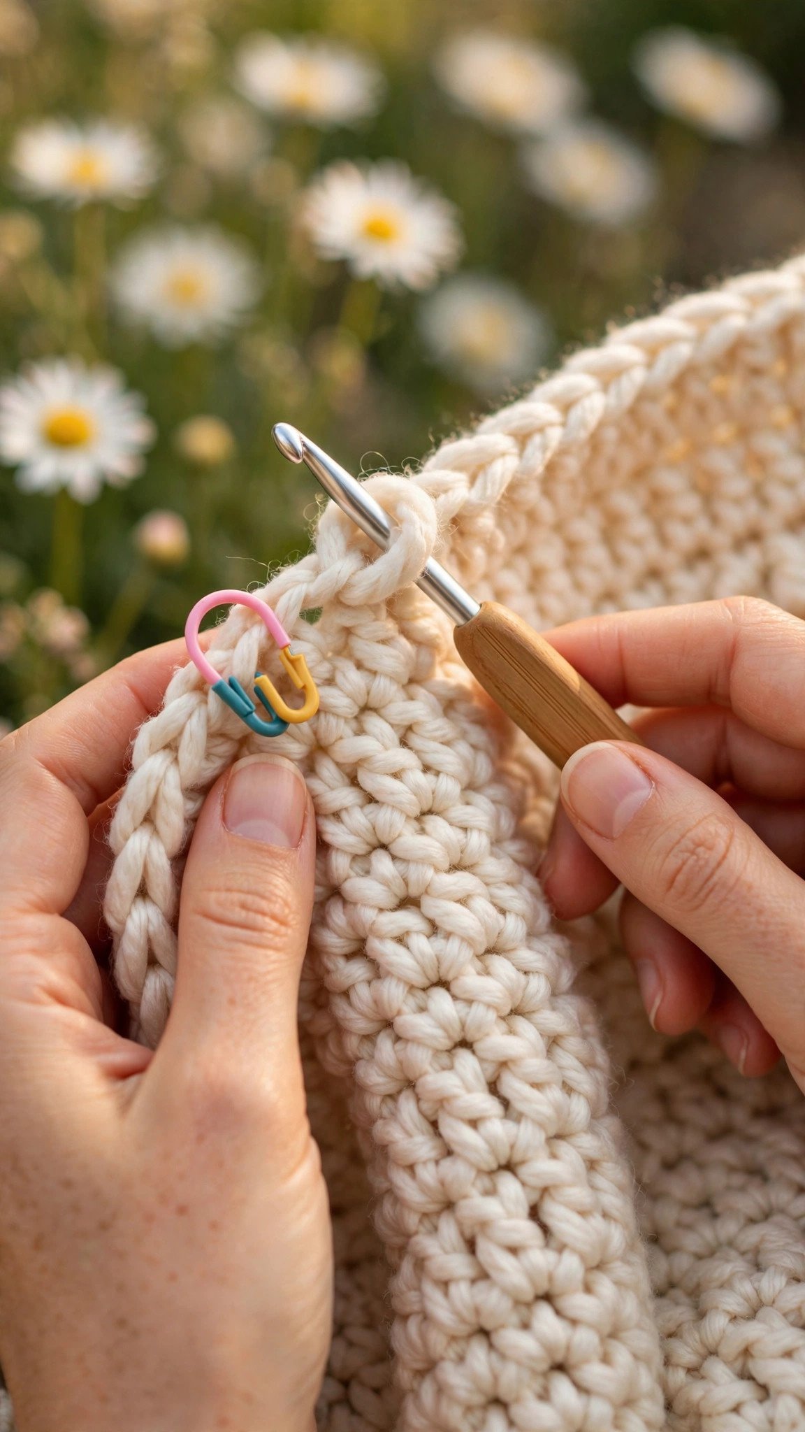 Close up of a straight crochet blanket edge with a colorful stitch marker clipped in the first stitch