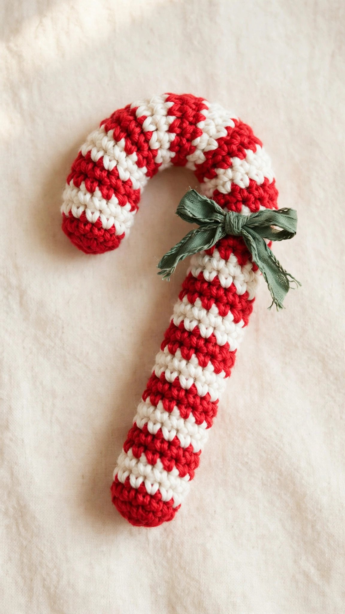 Crochet candy cane ornament in red and white striped yarn tied with a green bow