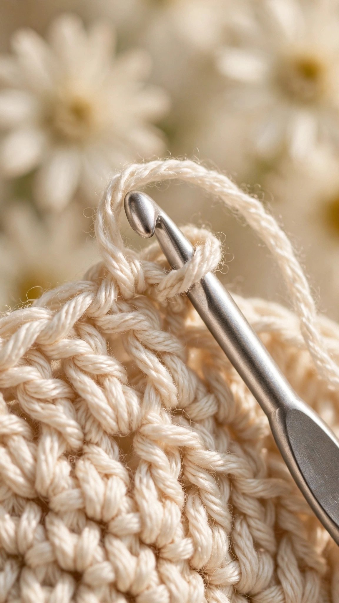 Close-up of crochet chain stitches in cream yarn with hook holding the working loop