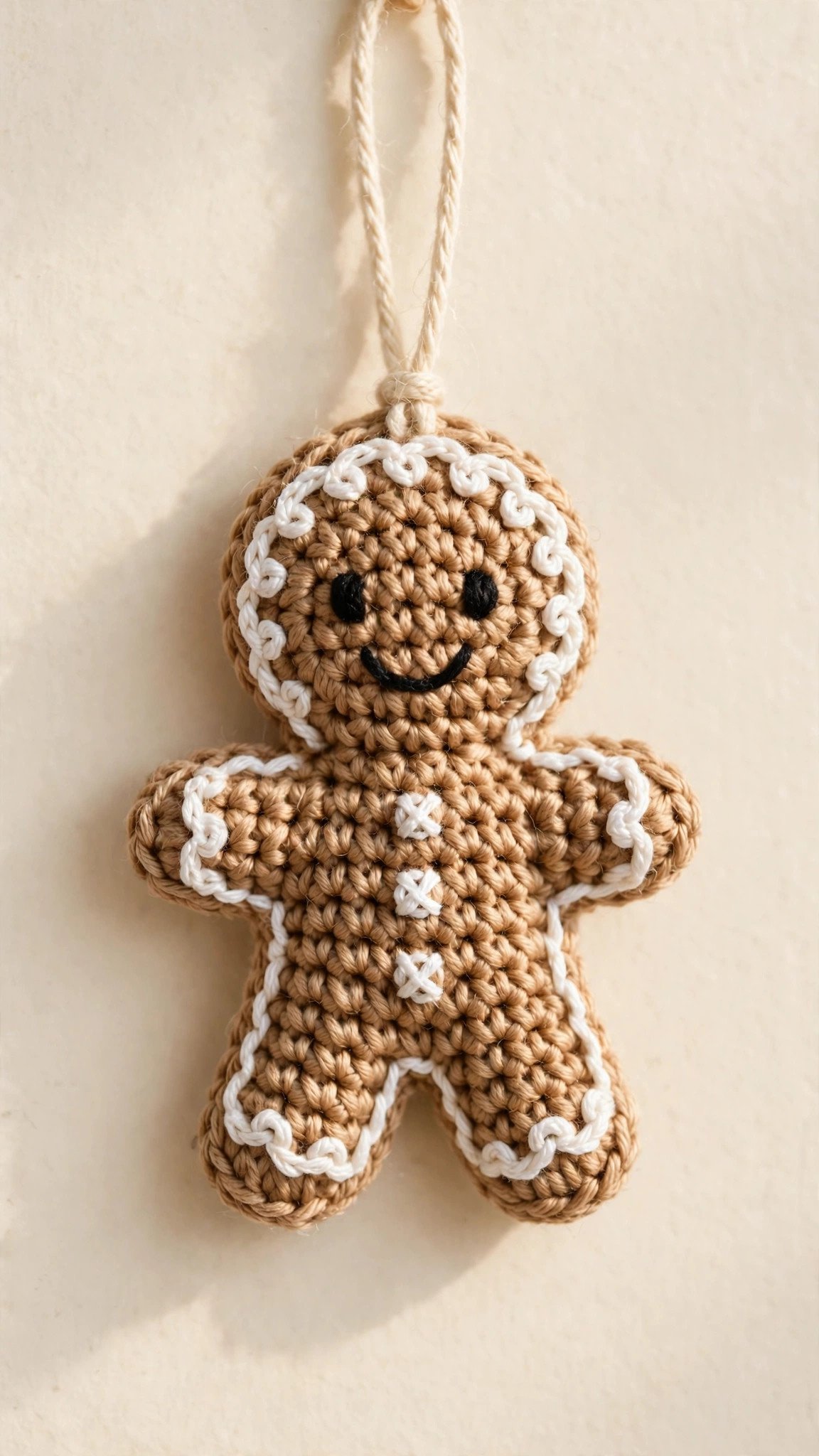 Crochet gingerbread man ornament in tan yarn with white icing stitch details