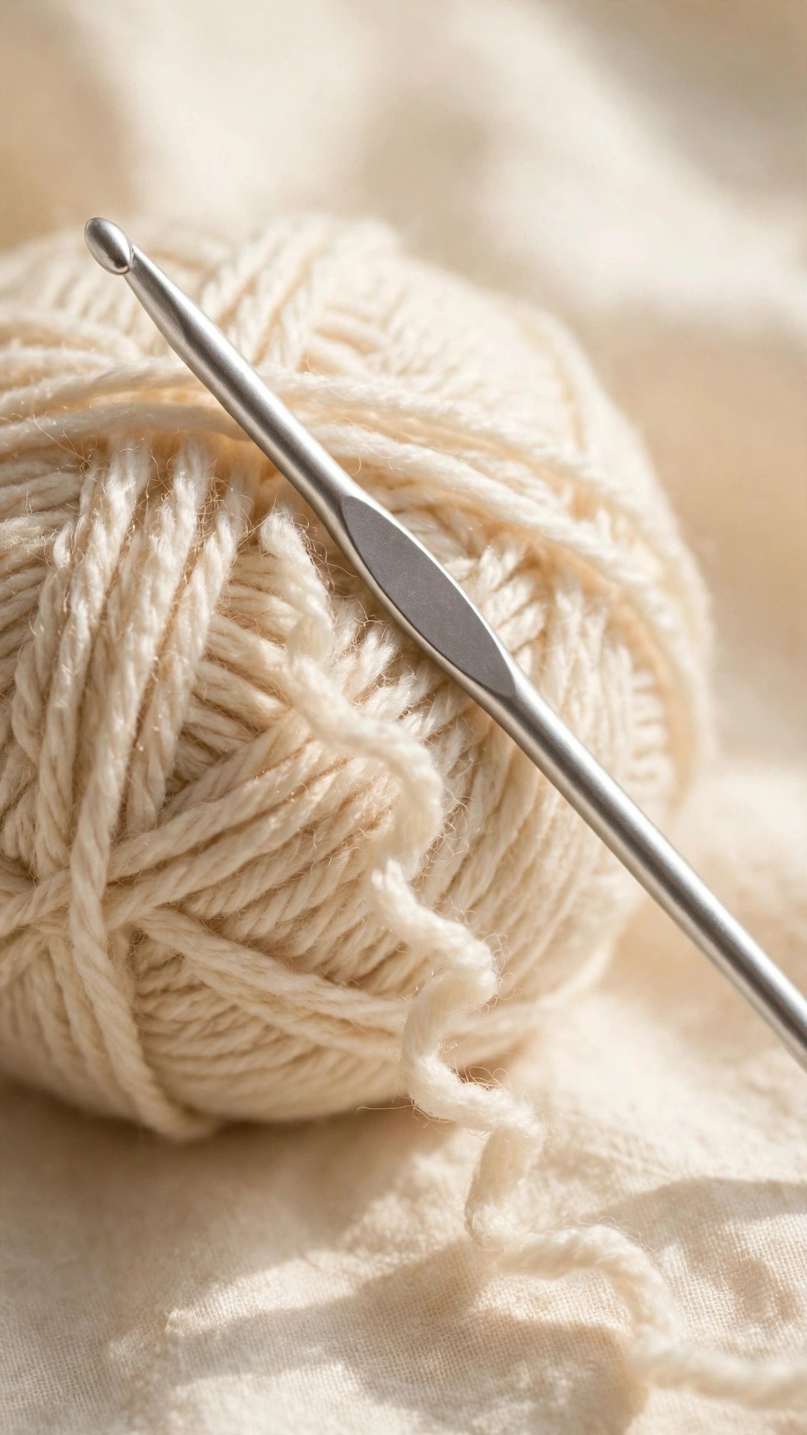 Close-up of a 5mm crochet hook resting on a ball of cream worsted weight yarn