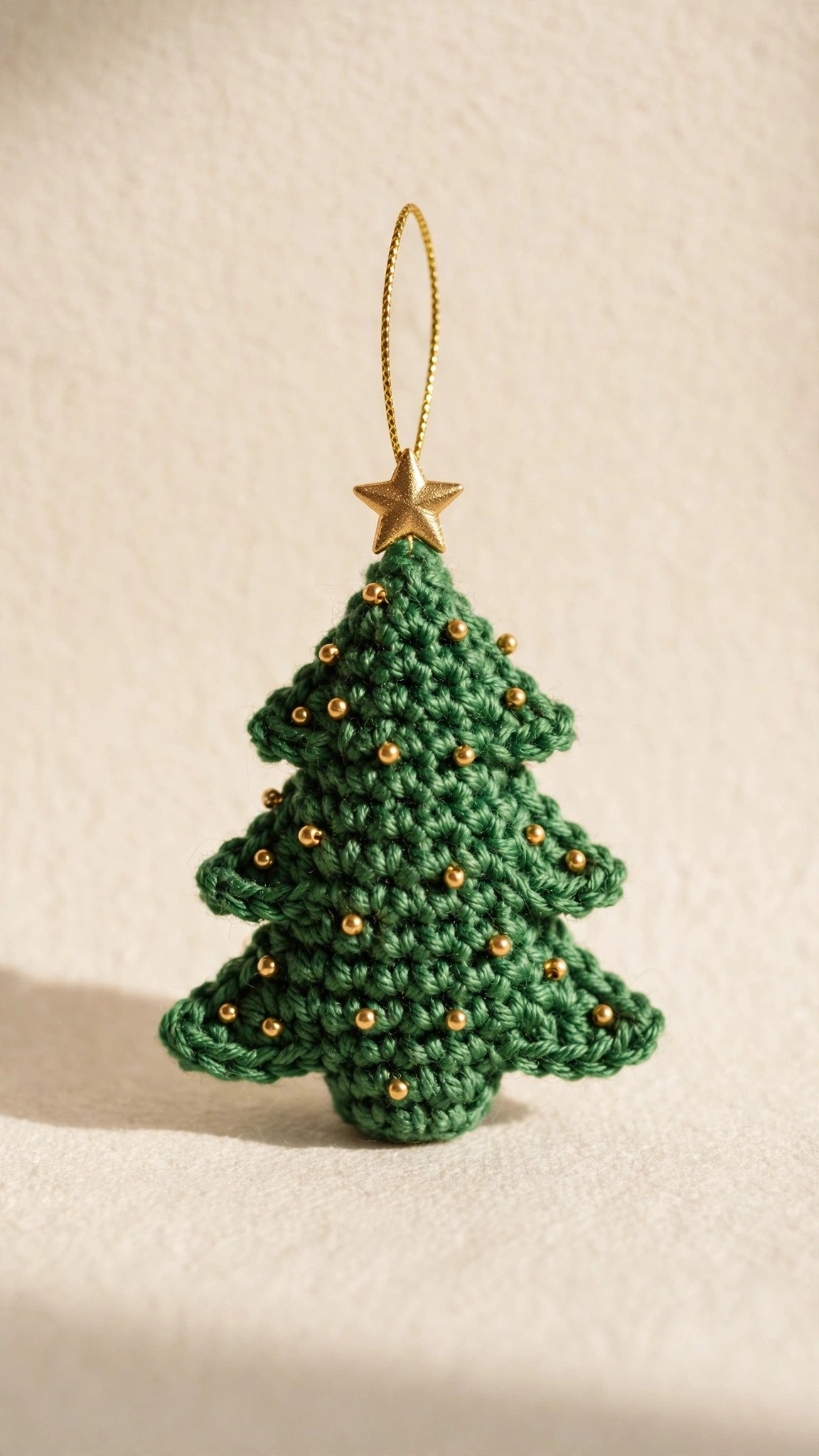 Small crochet green Christmas tree ornament with gold beads and a gold star topper