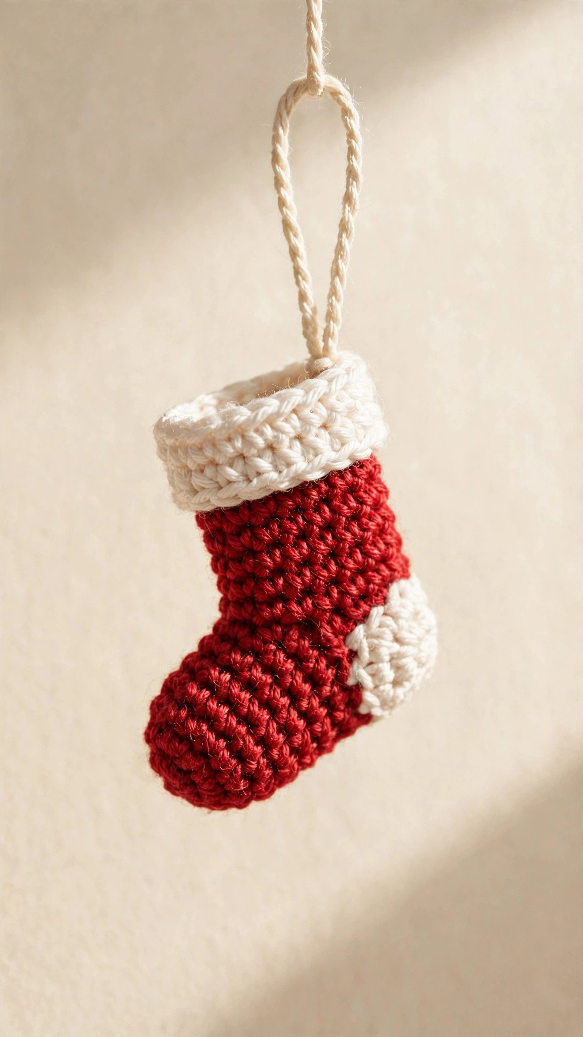Tiny crochet red Christmas stocking ornament with white cuff and heel hanging by twine