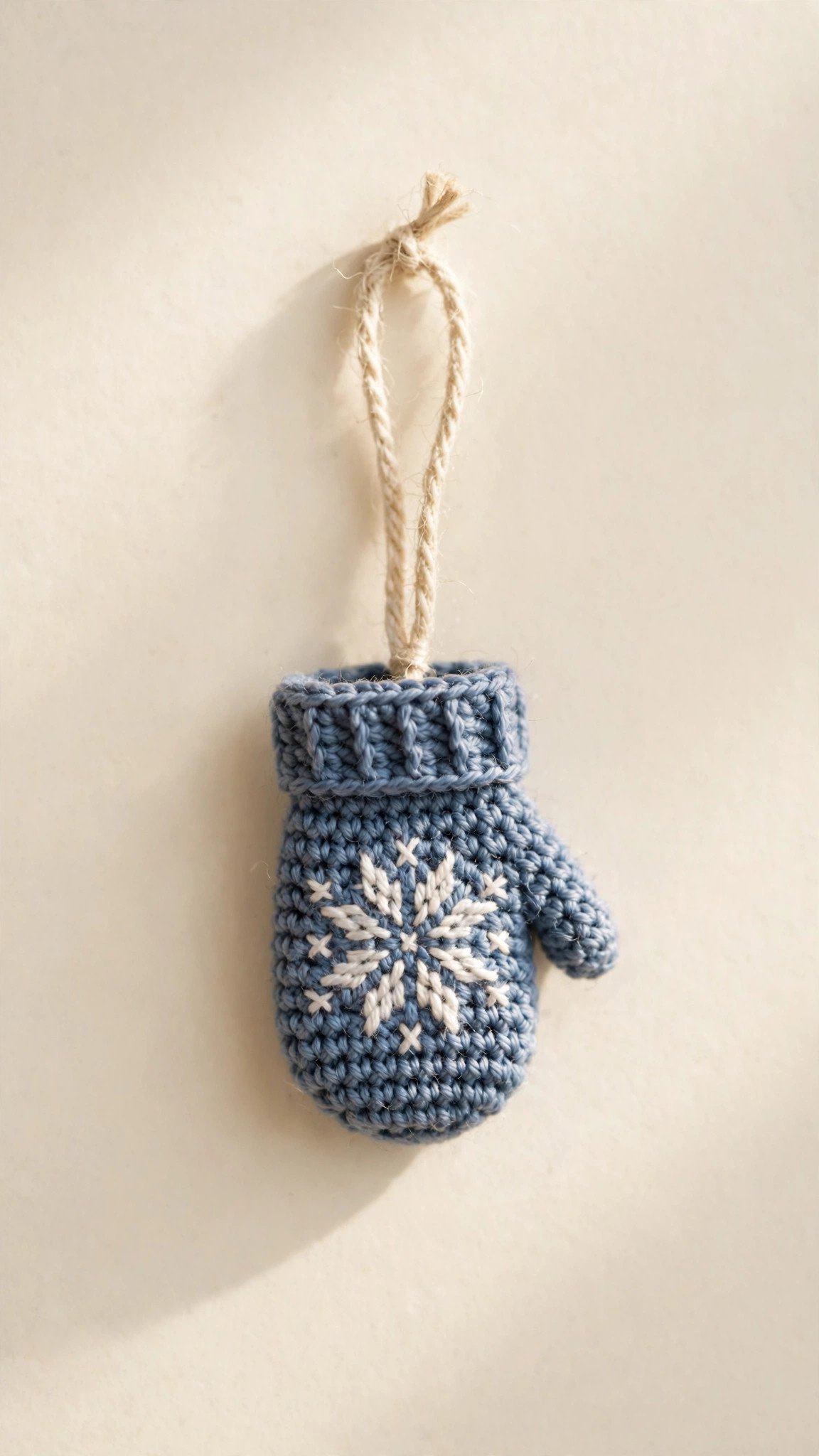 Tiny dusty blue crochet mitten ornament with white snowflake stitch motif