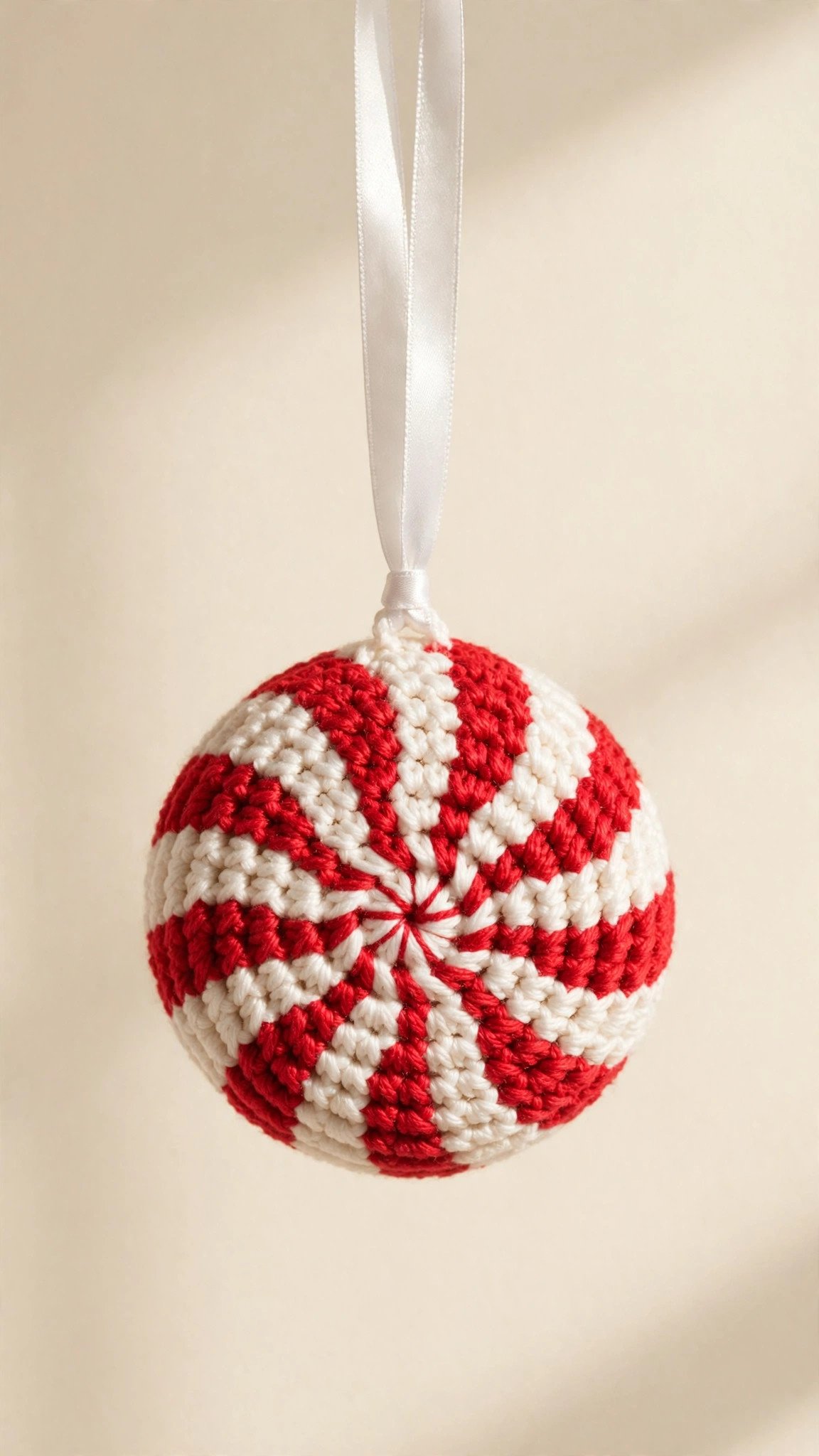 Round crochet peppermint candy ornament with red and white spiral stripes hanging by ribbon