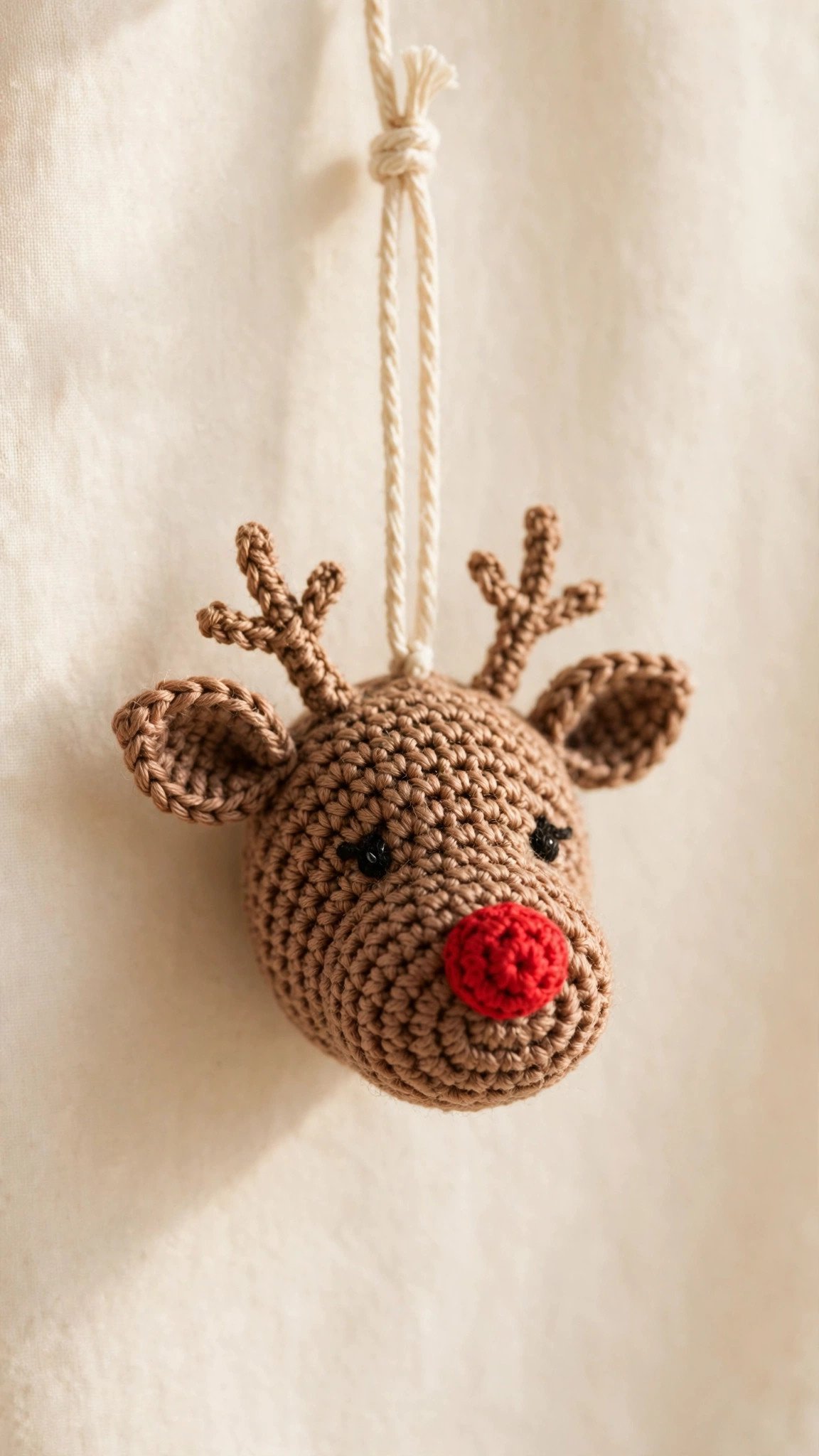 Crochet reindeer head ornament in brown yarn with antlers and red nose