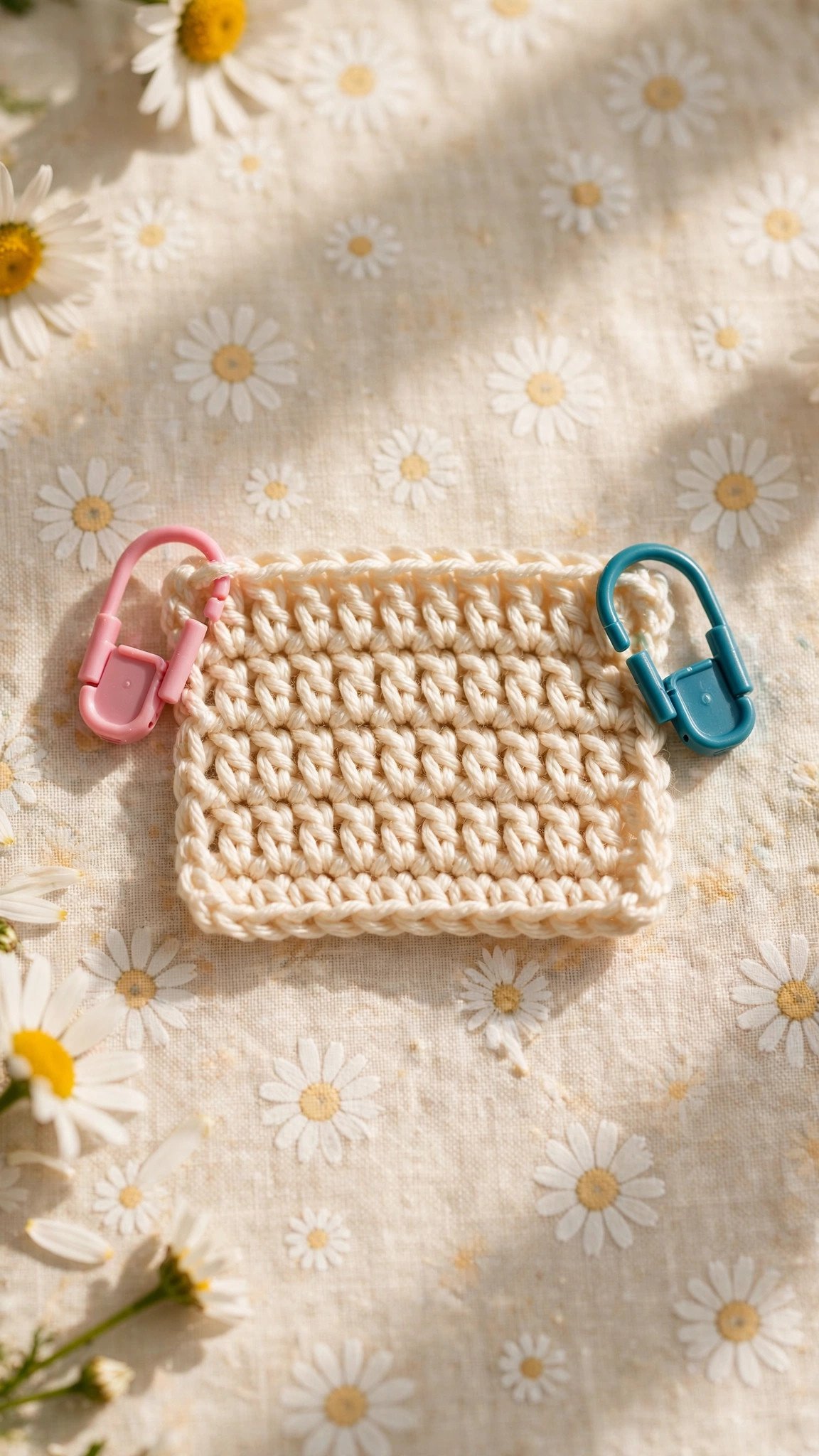 Beginner single crochet swatch with locking stitch markers on the first and last stitches