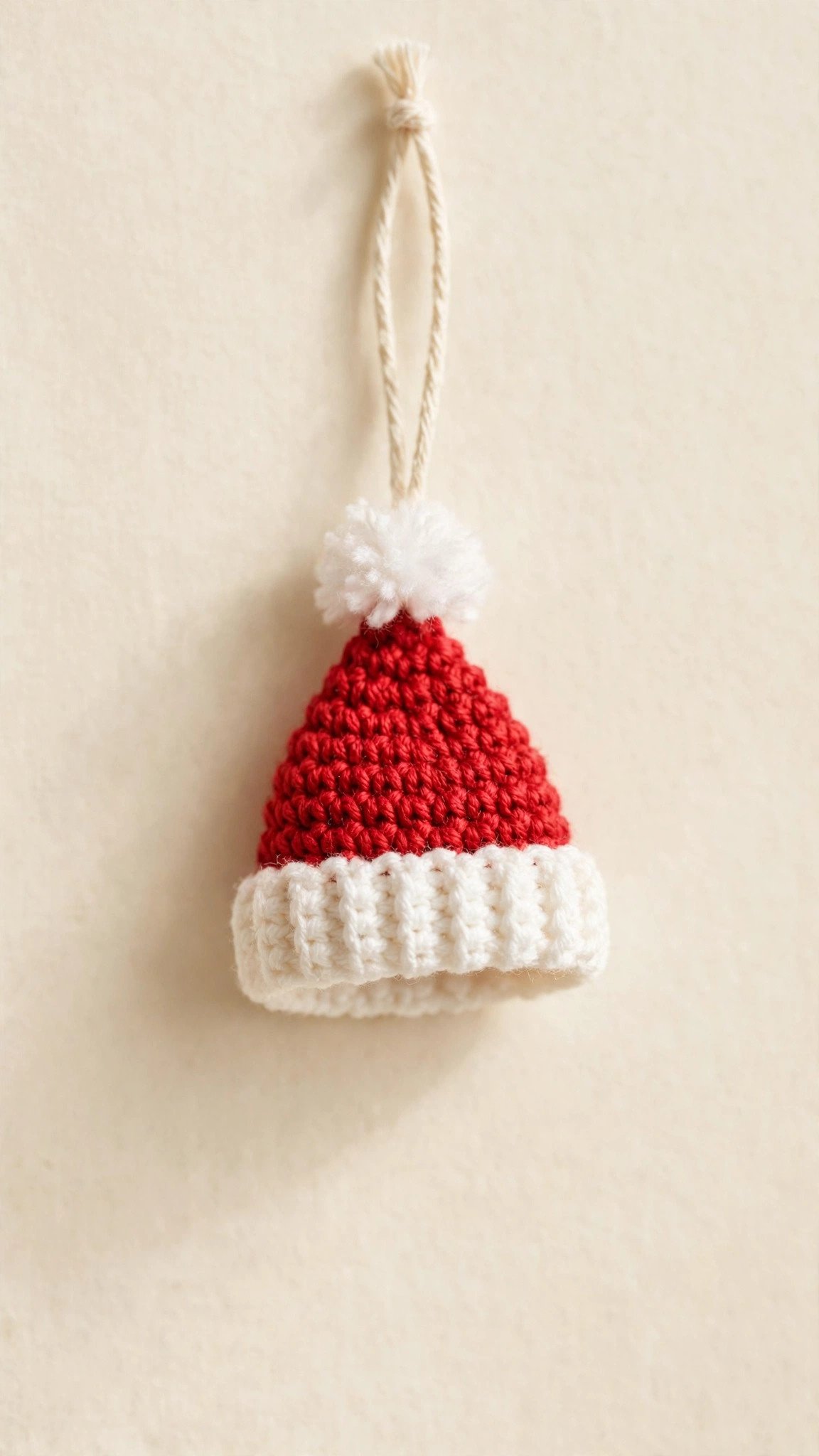 Tiny crochet red Santa hat ornament with white ribbed brim and fluffy pom pom hanging by twine