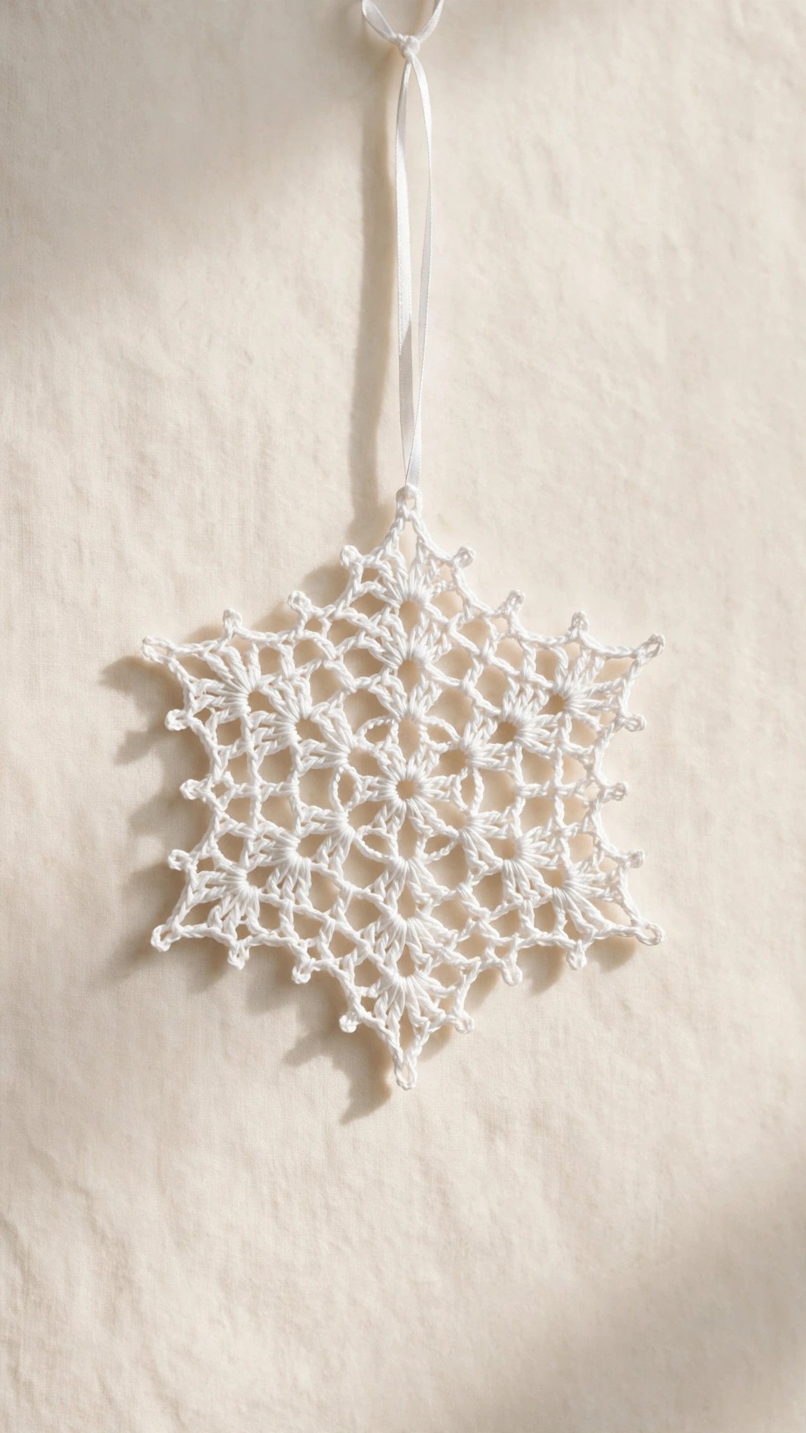 Delicate white crochet snowflake ornament with lacy six point design hanging by white ribbon