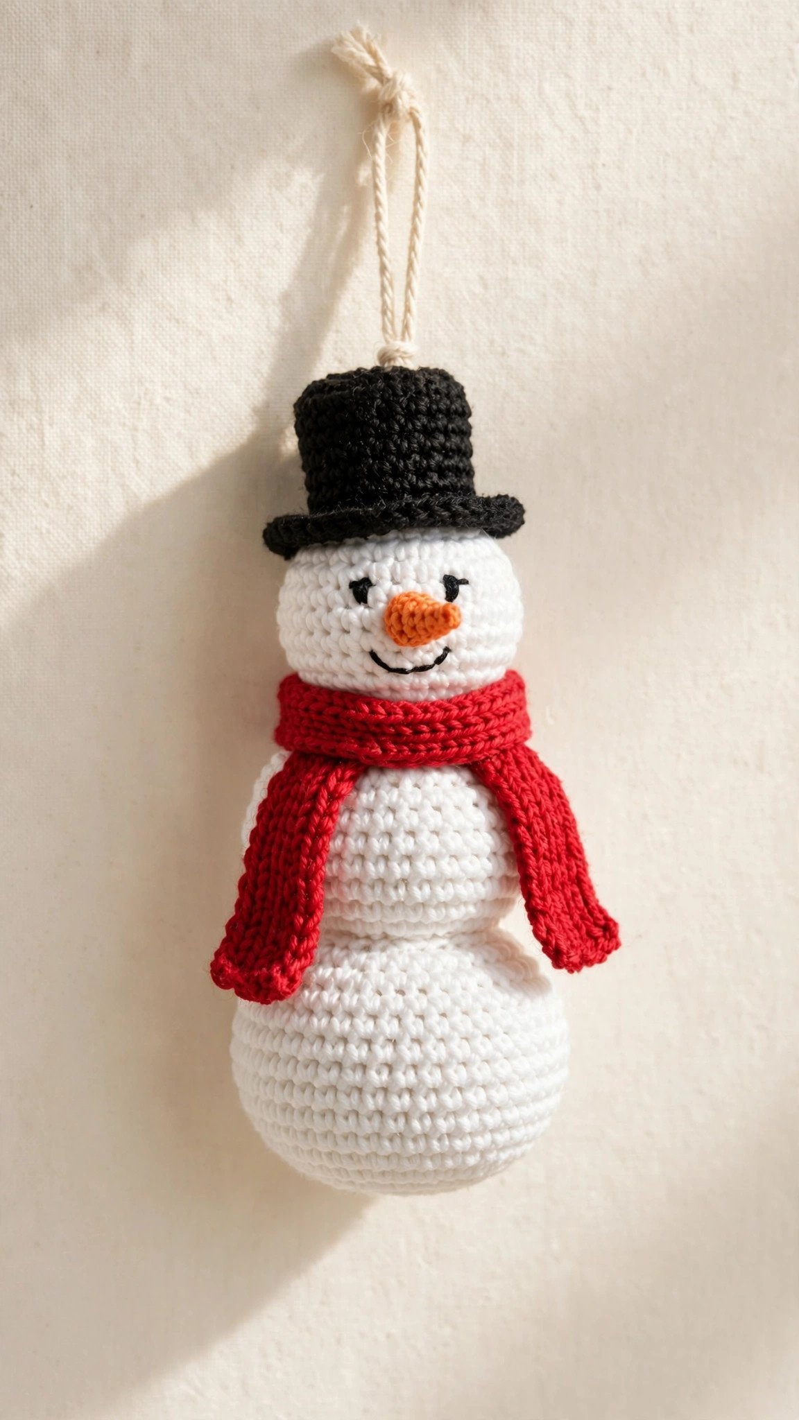 Cute crochet snowman ornament in white yarn with black top hat and red scarf