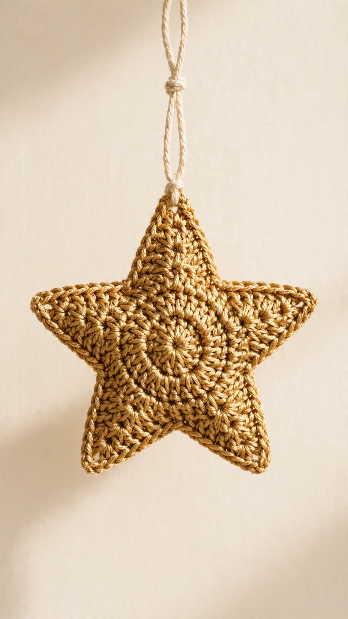Gold five pointed crochet star ornament with textured stitches hanging by twine