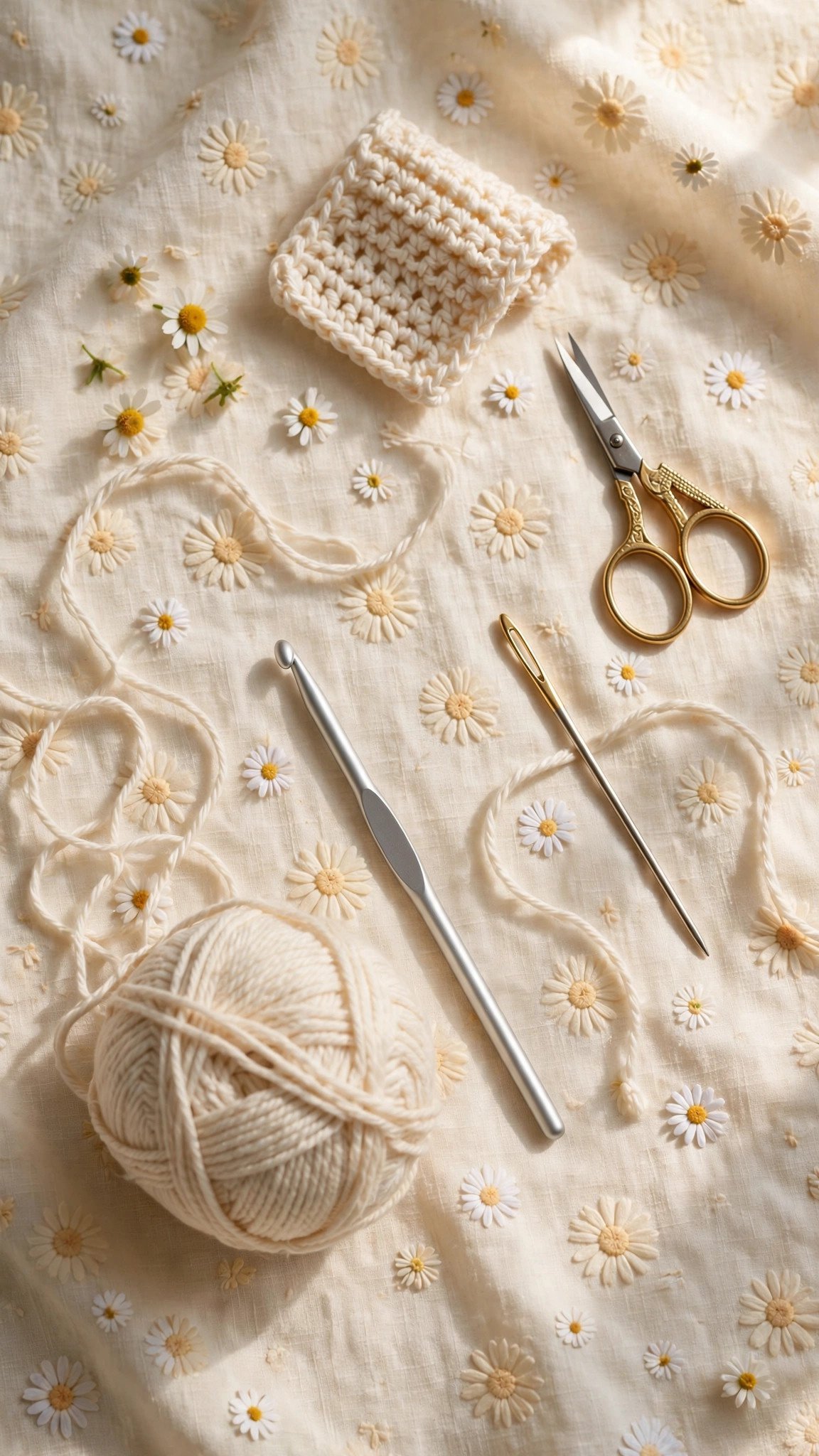 Flat lay of beginner crochet supplies: crochet hook, cream cotton yarn, scissors, and tapestry needle