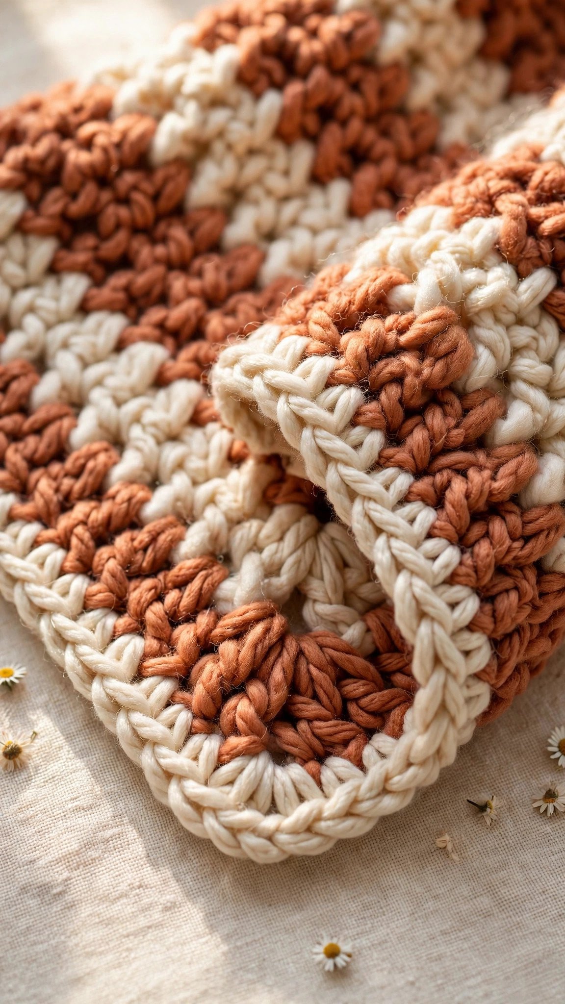 Corner of a finished crochet throw blanket showing a neat single crochet border in terracotta and cream