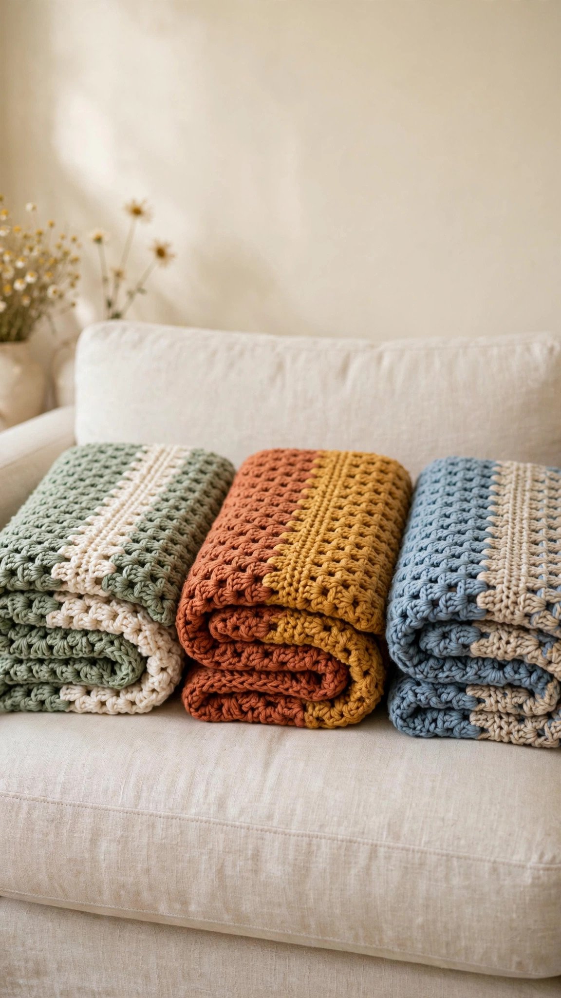 Three folded crochet throw blankets in sage, terracotta and dusty blue color palettes on a linen sofa