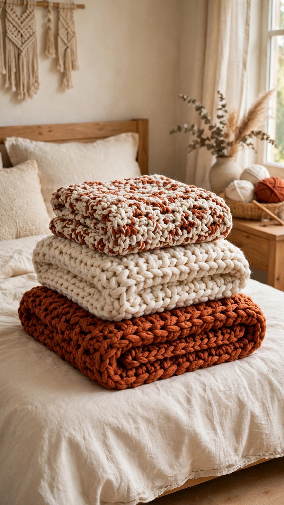 Three folded crochet throw blankets in different sizes stacked on a bed showing lapghan, throw and twin sizes