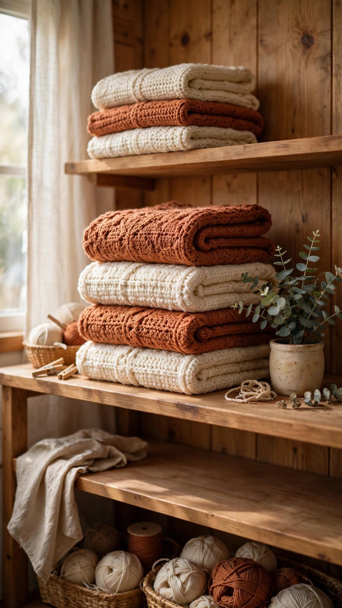 Folded crochet throw blankets stacked on wooden shelves in a warm craft room with eucalyptus