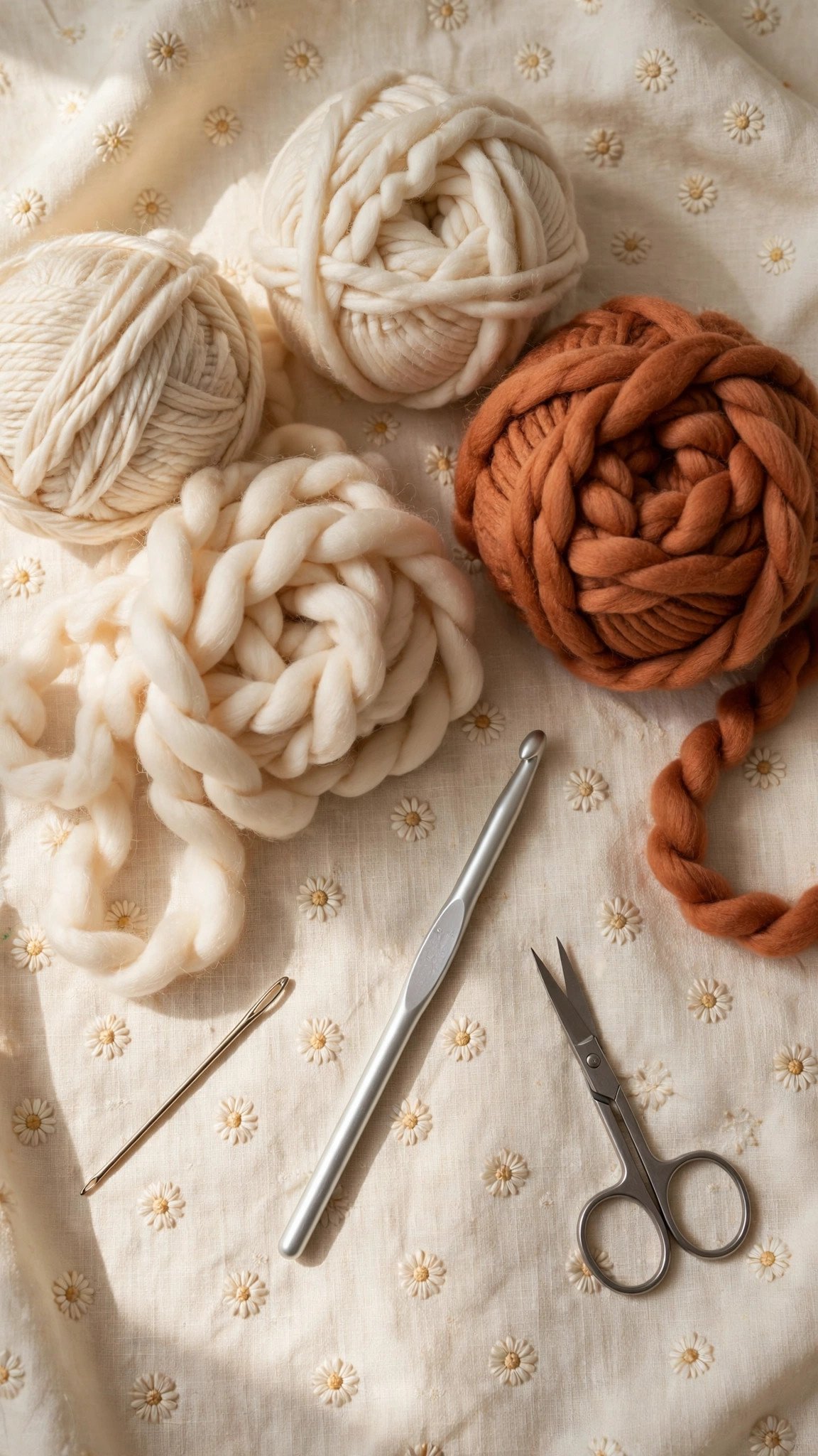 Flat lay of bulky yarn balls in cream and terracotta with a 6.5 mm crochet hook, scissors and yarn needle
