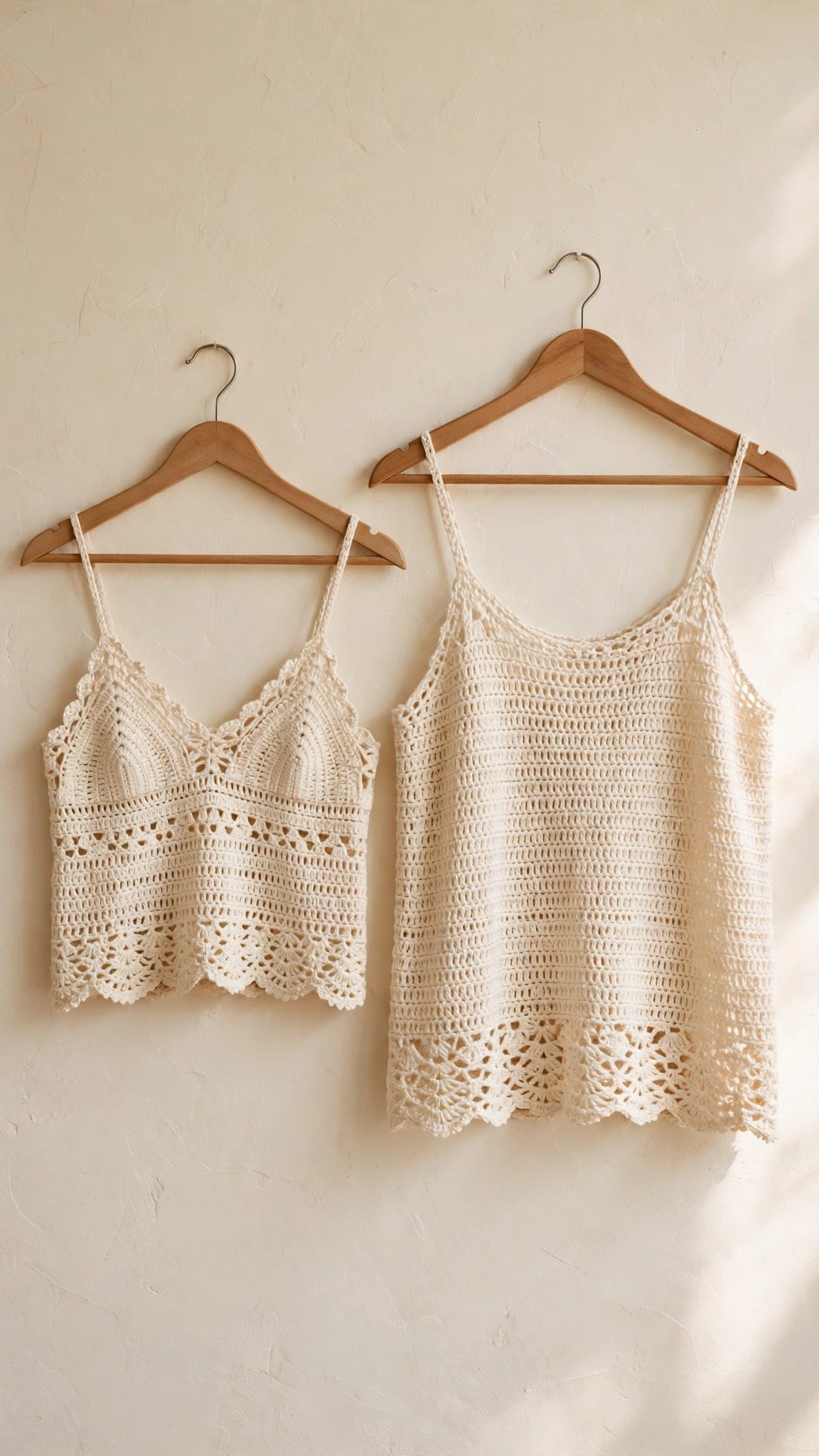 Two finished cream crochet summer tops in different sizes displayed side by side on wooden hangers