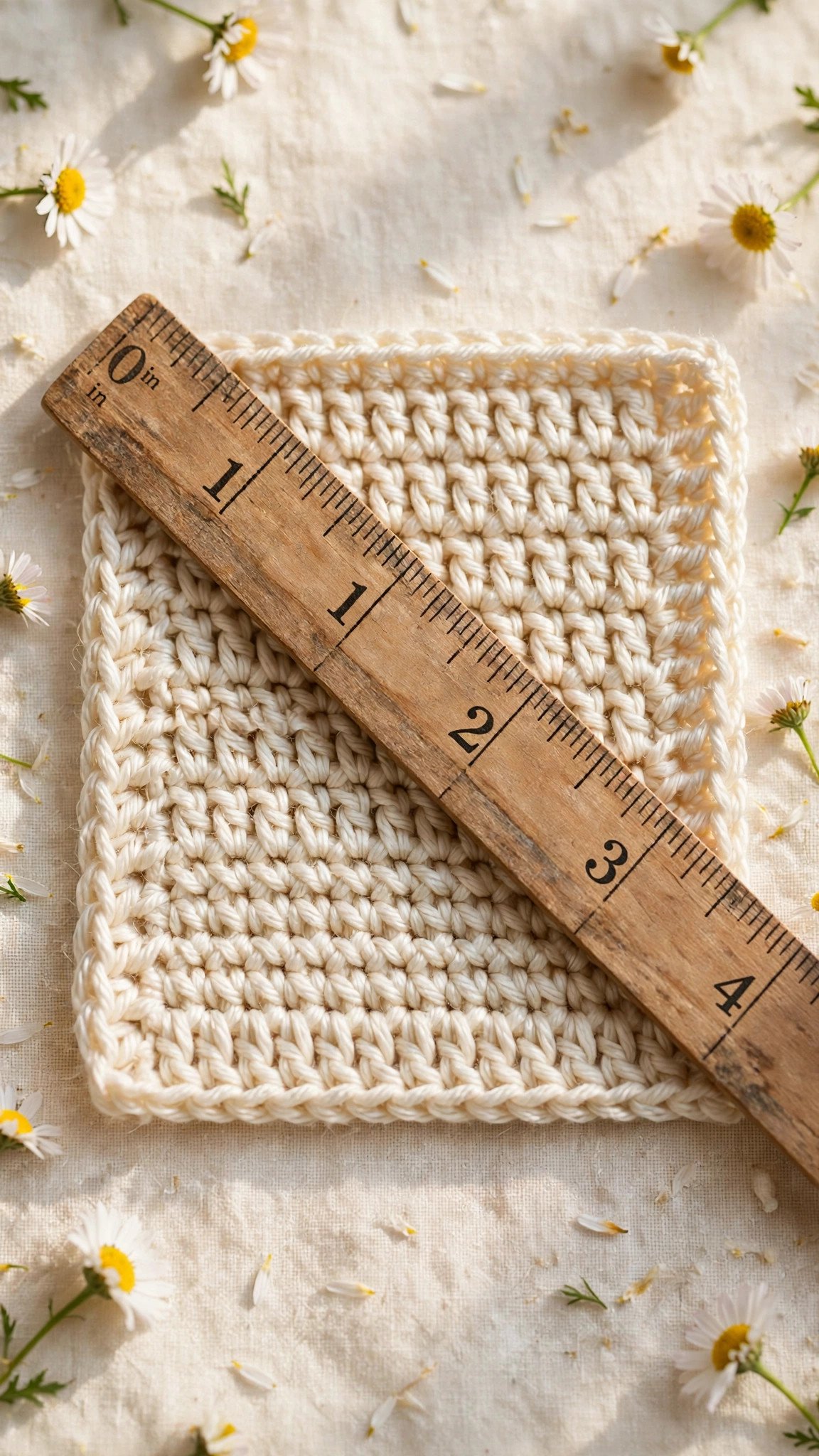 Small gauge swatch of cream double crochet stitches measured with a wooden ruler showing four inches