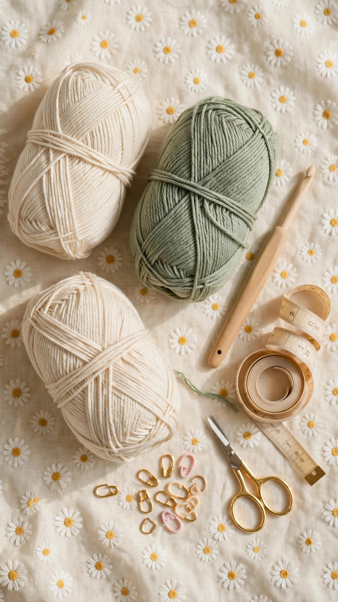 Flat lay of cotton yarn skeins, a 5 mm crochet hook, tape measure and stitch markers on a cream background