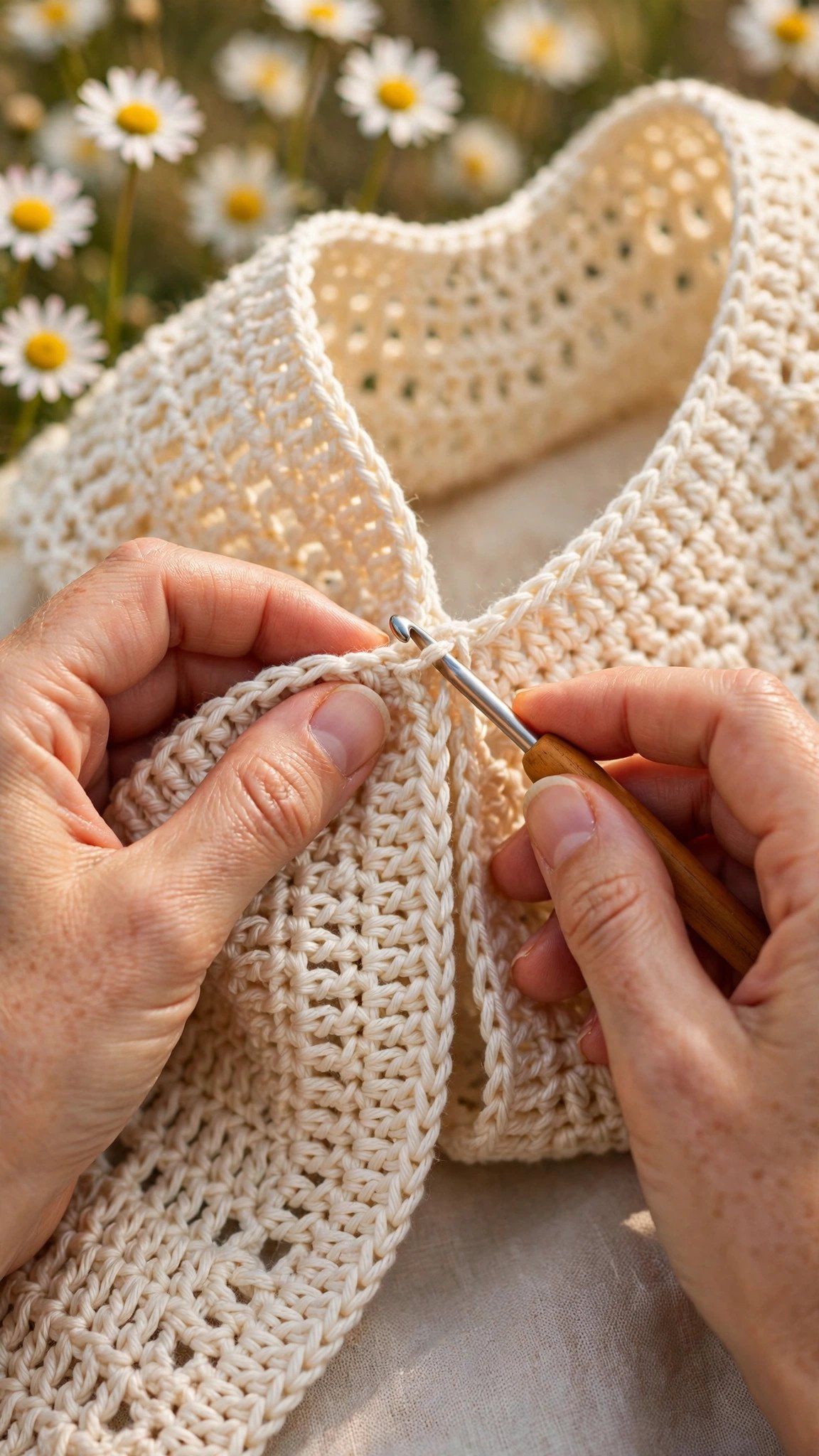 Close up of a shoulder seam being joined with slip stitches on a cream crochet top