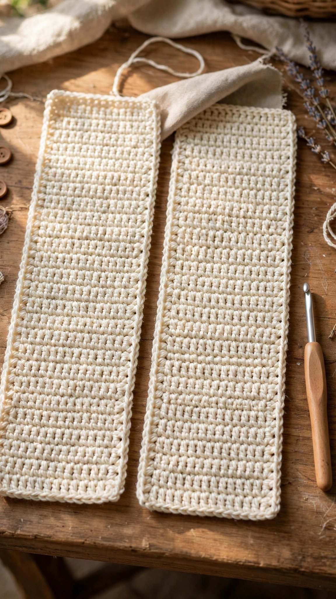Two cream crochet panels in double crochet stitch texture lying side by side with a crochet hook